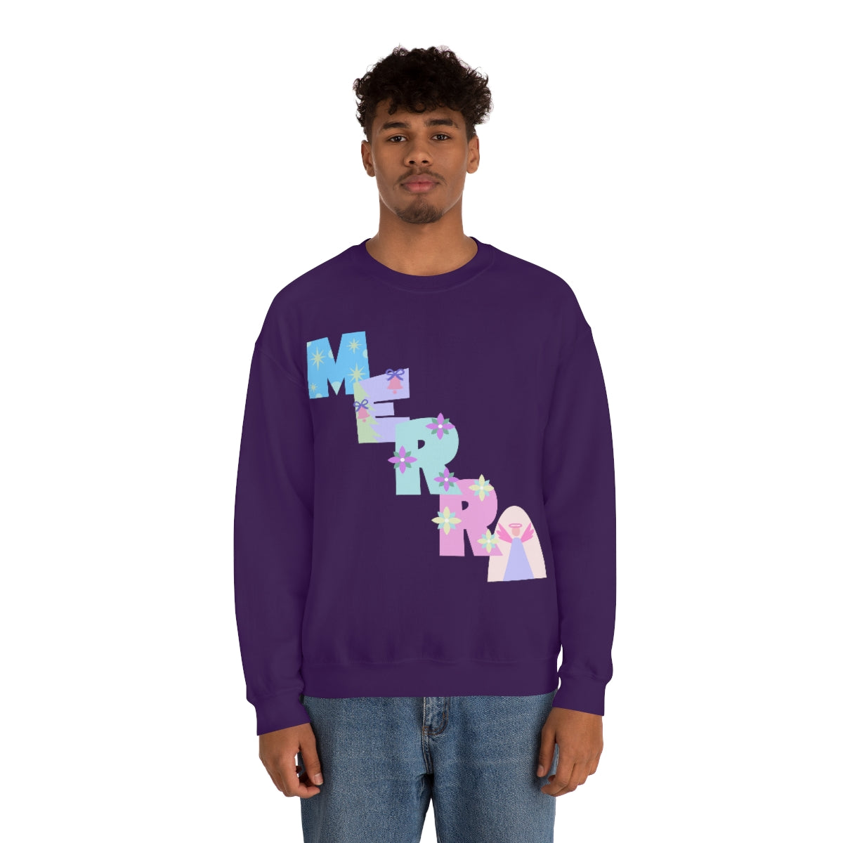 Pastel Christmas Sweatshirt, Holiday VSCO Girl Crewneck, Oversized Xmas Tumblr Sweater, Pastel Playful Letter Print Merry Trendy Sweatshirt