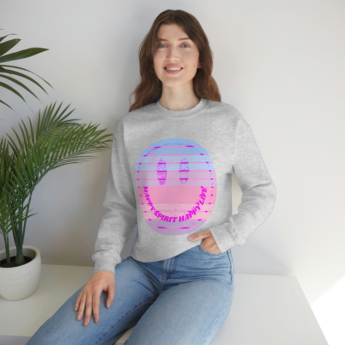 Happy Spirit Happy Life Sweatshirt, VSCO Girl Crewneck, Oversized Retro Font Graphic Tumblr, Front Print Smile Face Trendy Cover Up