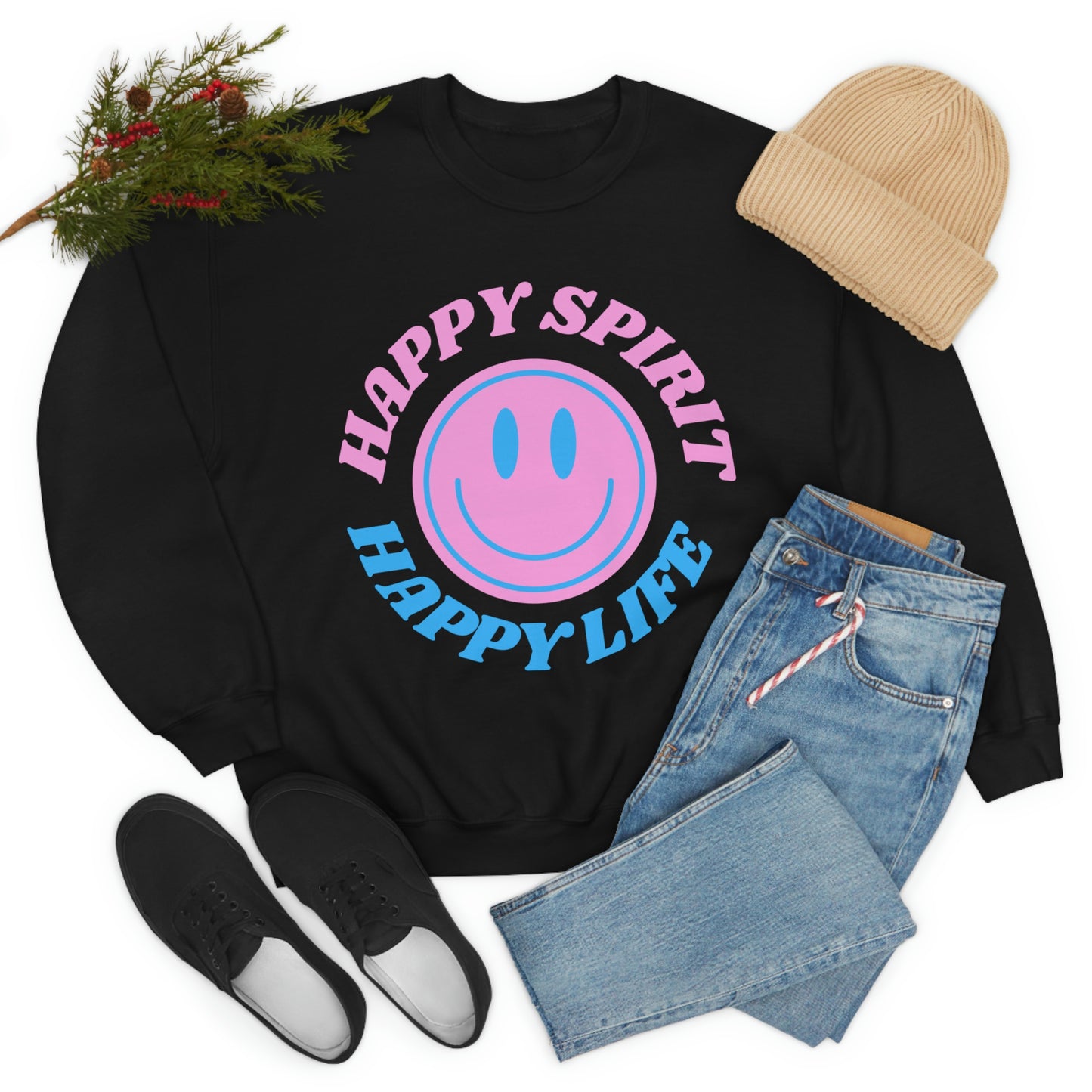 Happy Spirit Happy Life Sweatshirt, VSCO Girl Crewneck, Oversized Retro Font Graphic Tumblr, Front Print Smile Face Trendy Cover Up