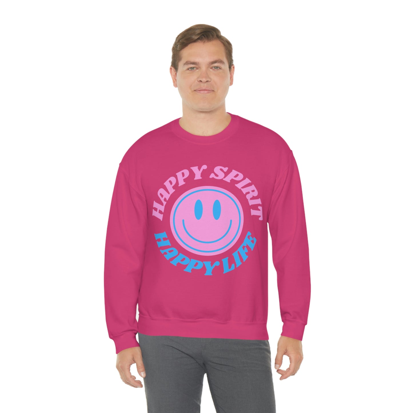 Happy Spirit Happy Life Sweatshirt, VSCO Girl Crewneck, Oversized Retro Font Graphic Tumblr, Front Print Smile Face Trendy Cover Up