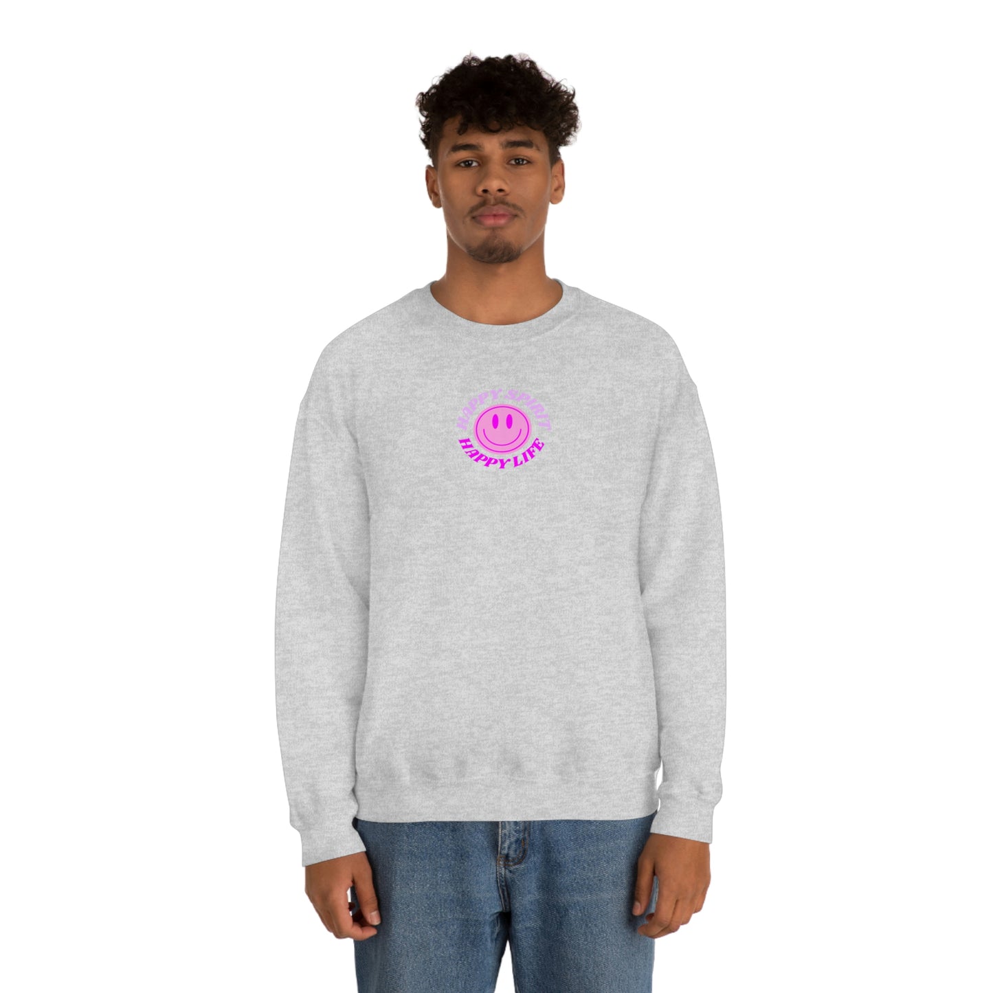 Happy Spirit Happy Life Sweatshirt, Gildan VSCO Girl Crewneck, Oversized Tumblr Front Back Print Smile Happy Mind Trendy Retro Surf Font