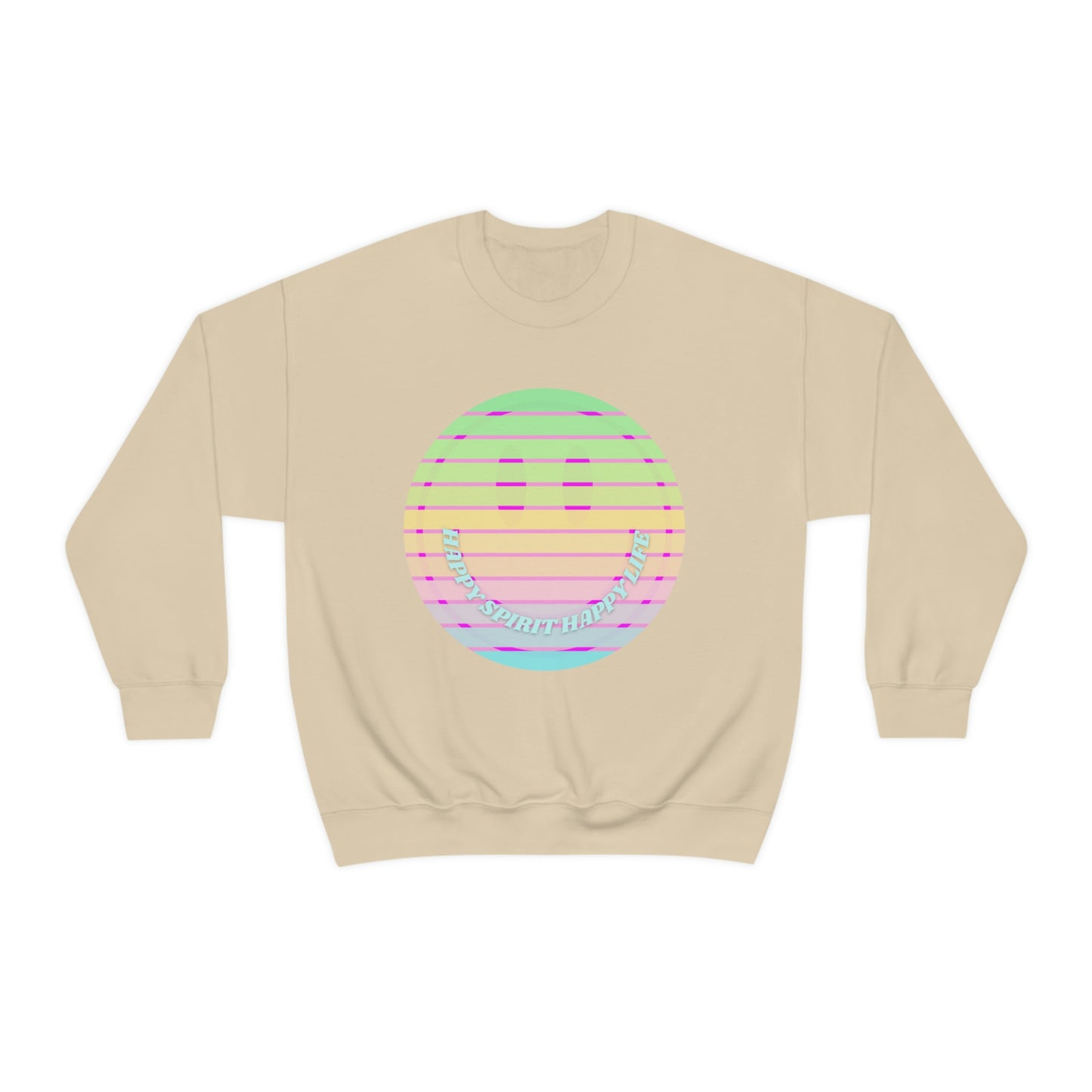 Happy Spirit Happy Life Sweatshirt, VSCO Girl Crewneck, Oversized Retro Font Graphic Tumblr, Front Print Smile Face Trendy Cover Up