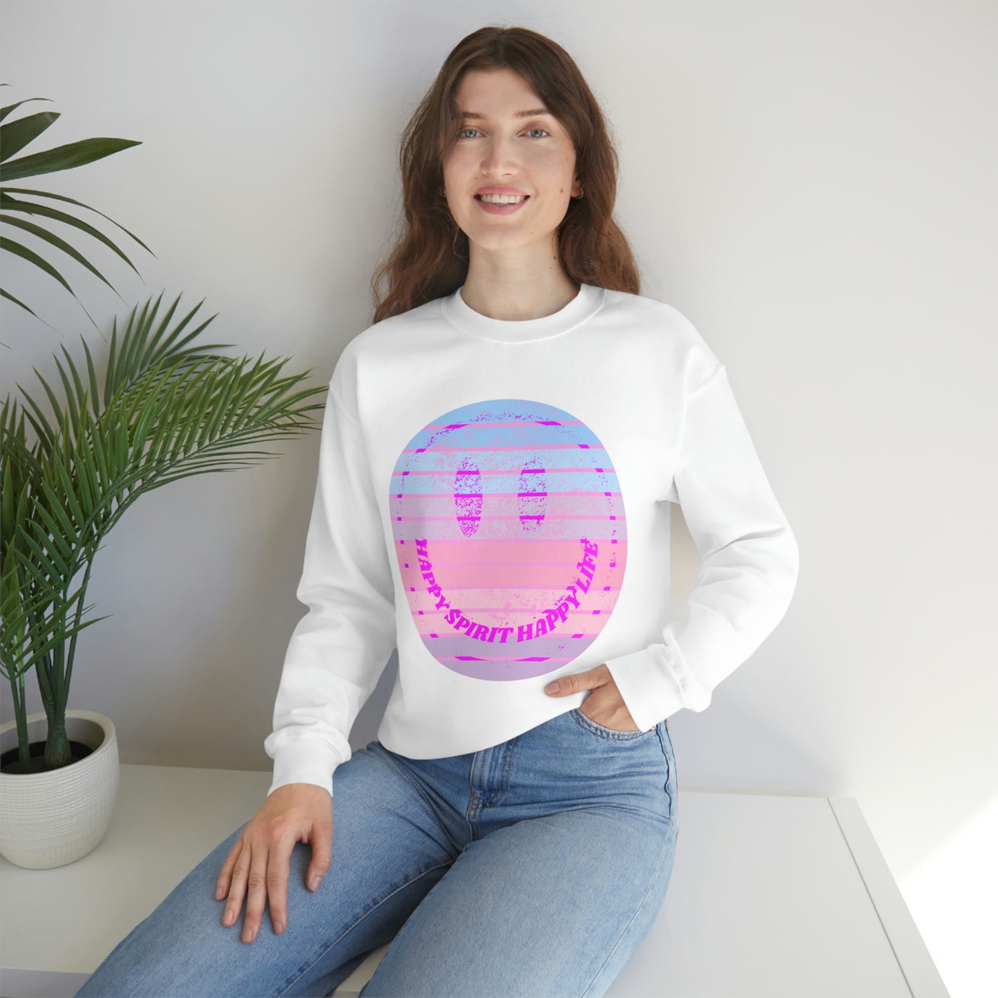 Happy Spirit Happy Life Sweatshirt, VSCO Girl Crewneck, Oversized Retro Font Graphic Tumblr, Front Print Smile Face Trendy Cover Up