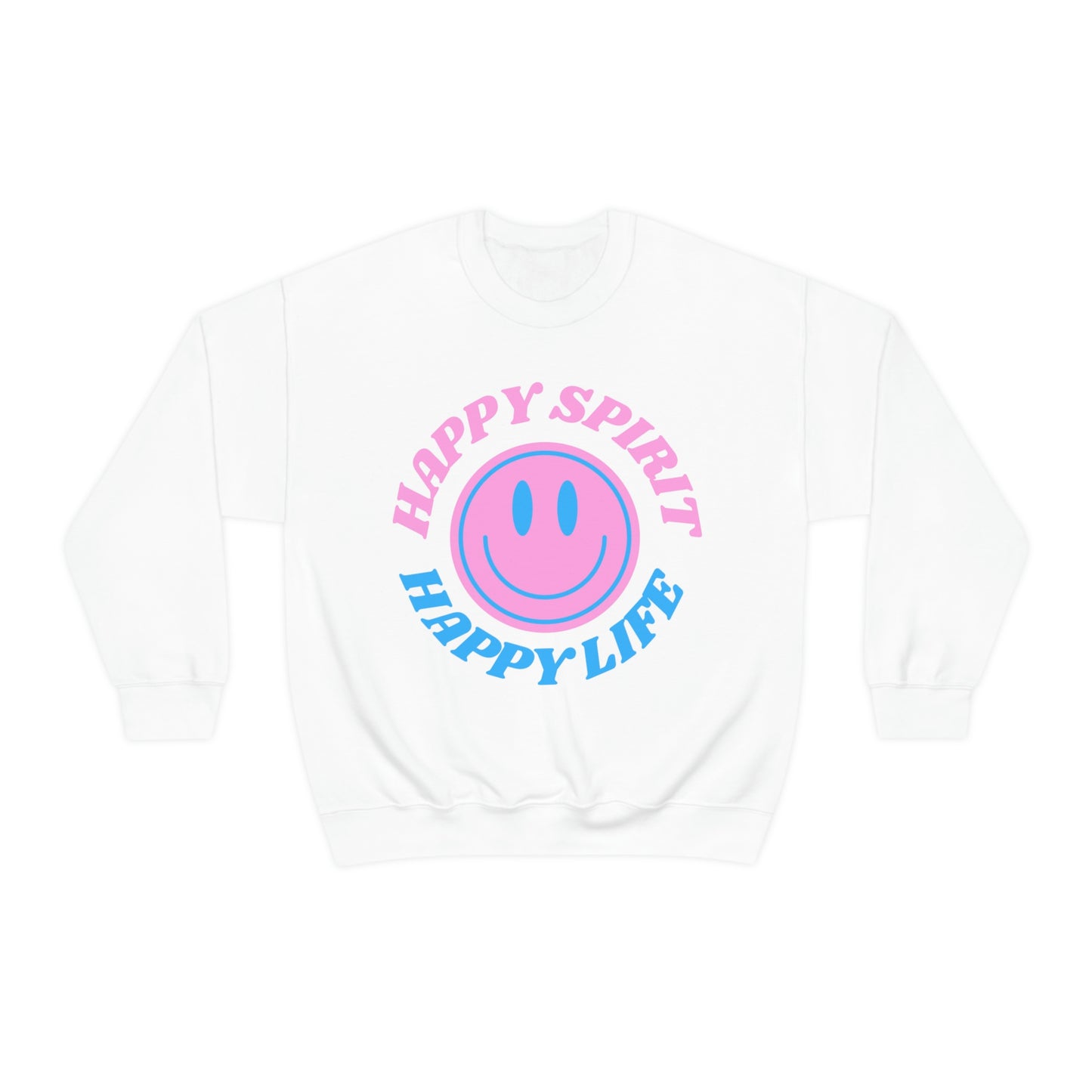 Happy Spirit Happy Life Sweatshirt, VSCO Girl Crewneck, Oversized Retro Font Graphic Tumblr, Front Print Smile Face Trendy Cover Up