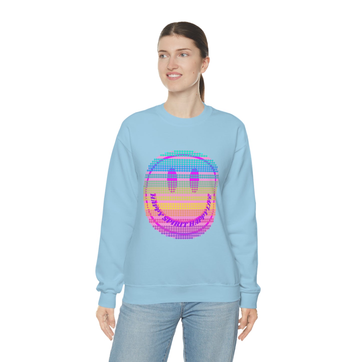 Happy Spirit Happy Life Sweatshirt, VSCO Girl Crewneck, Oversized Retro Font Graphic Tumblr, Front Print Smile Face Trendy Cover Up