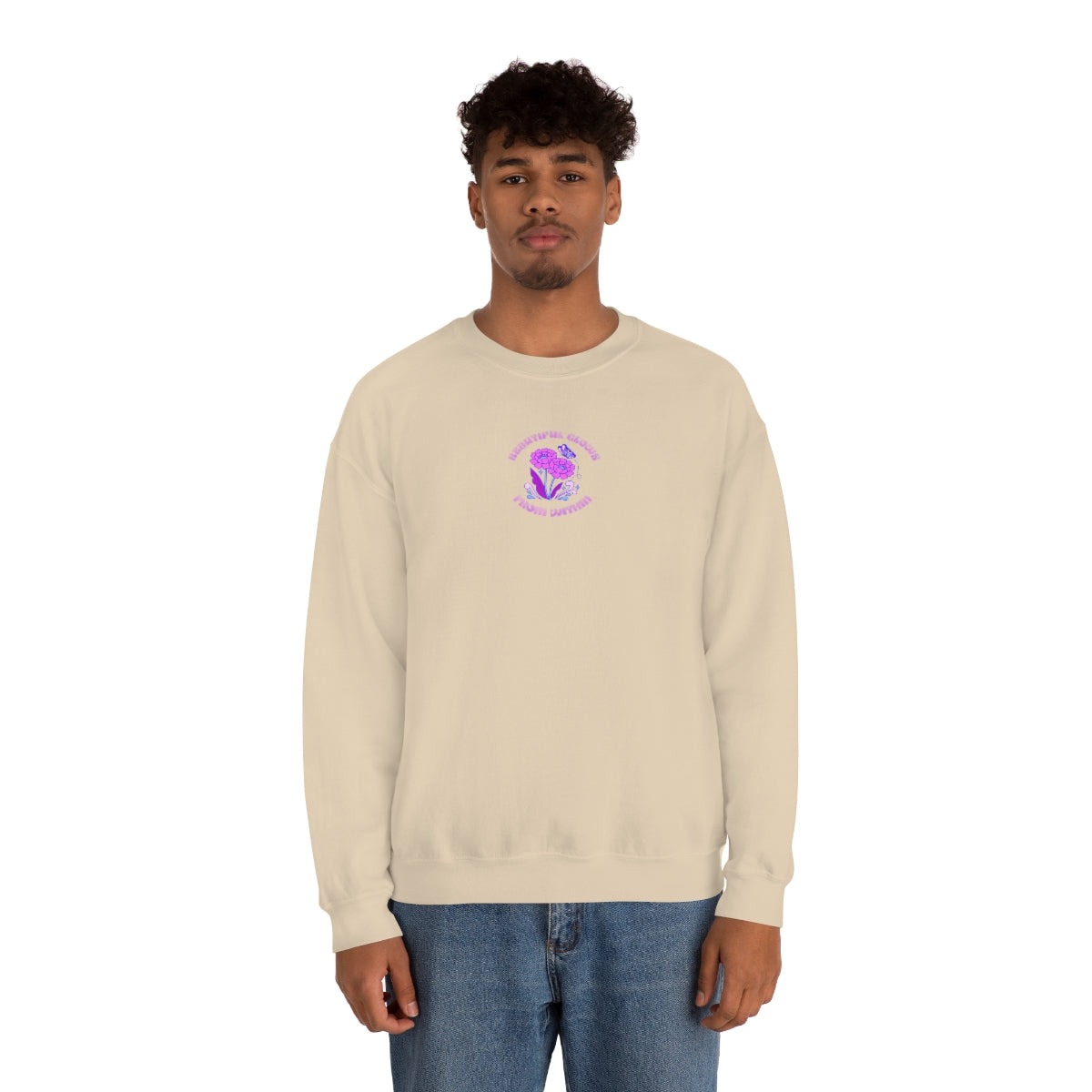 Beautiful Glows from Within Purple Flower Sweatshirt, Oversized Crewneck, Front Back Print Trendy Sweatshirt, Beach Cover Up, Lake Cover Up