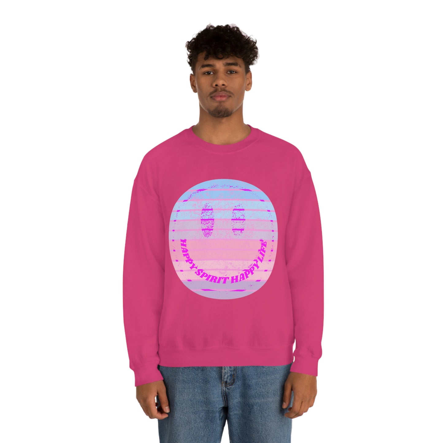 Happy Spirit Happy Life Sweatshirt, VSCO Girl Crewneck, Oversized Retro Font Graphic Tumblr, Front Print Smile Face Trendy Cover Up