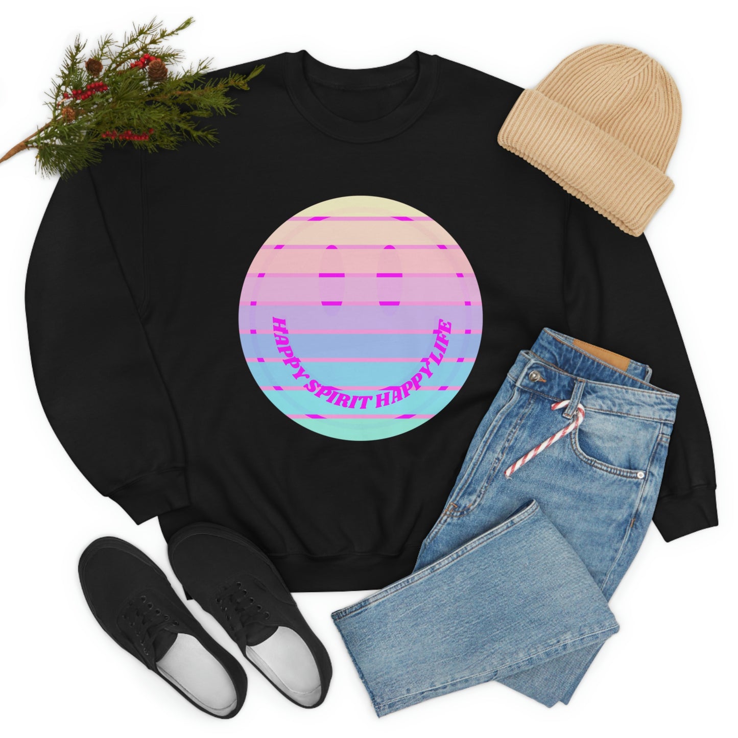Happy Spirit Happy Life Sweatshirt, VSCO Girl Crewneck, Oversized Retro Font Graphic Tumblr, Front Print Smile Face Trendy Cover Up