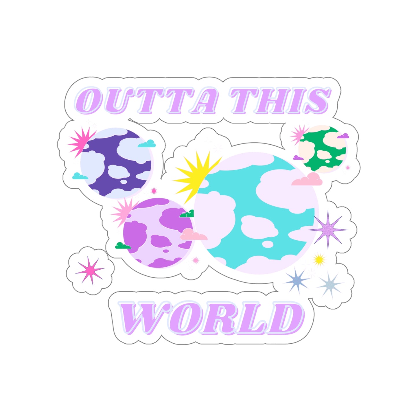 Retro Aesthetic Sticker Outta This World, Happy Mind Positivity Die-Cut Sticker, Pink Purple Galaxy Earth Smile Y2K Graphic