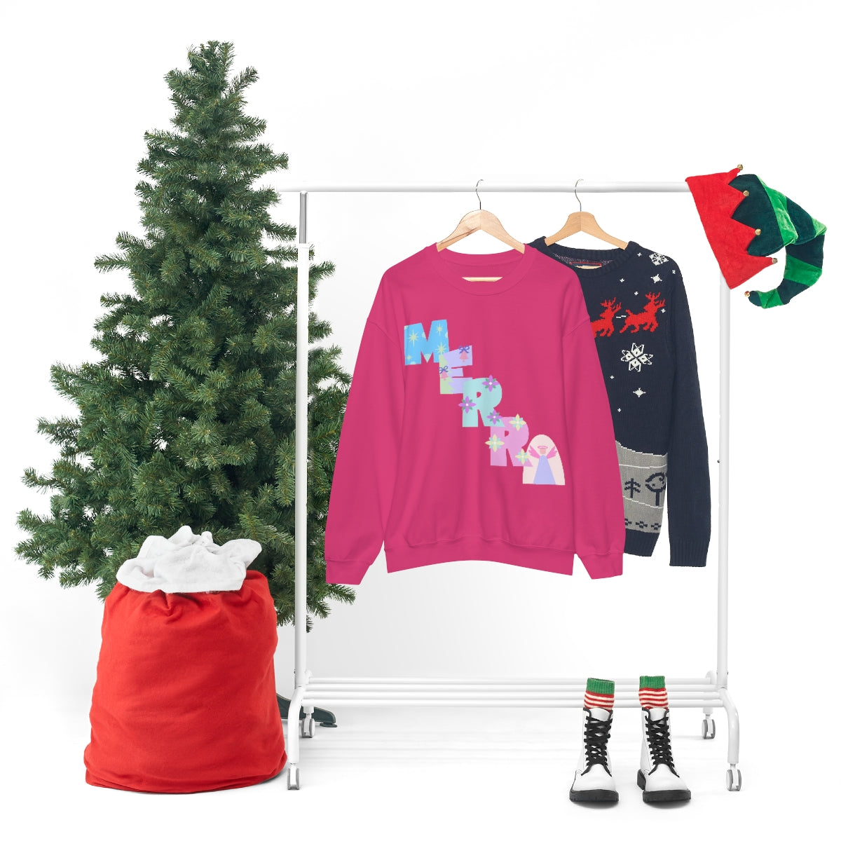 Pastel Christmas Sweatshirt, Holiday VSCO Girl Crewneck, Oversized Xmas Tumblr Sweater, Pastel Playful Letter Print Merry Trendy Sweatshirt