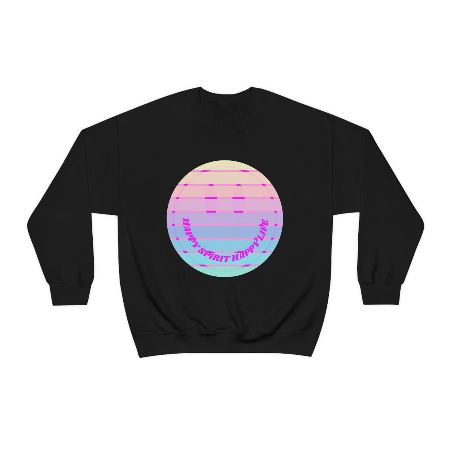 Happy Spirit Happy Life Sweatshirt, VSCO Girl Crewneck, Oversized Retro Font Graphic Tumblr, Front Print Smile Face Trendy Cover Up