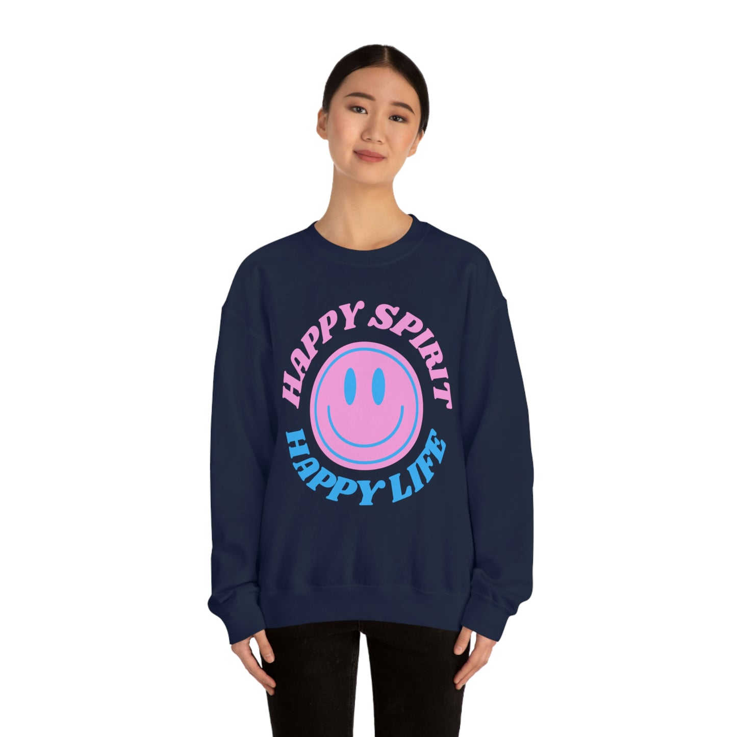 Happy Spirit Happy Life Sweatshirt, VSCO Girl Crewneck, Oversized Retro Font Graphic Tumblr, Front Print Smile Face Trendy Cover Up