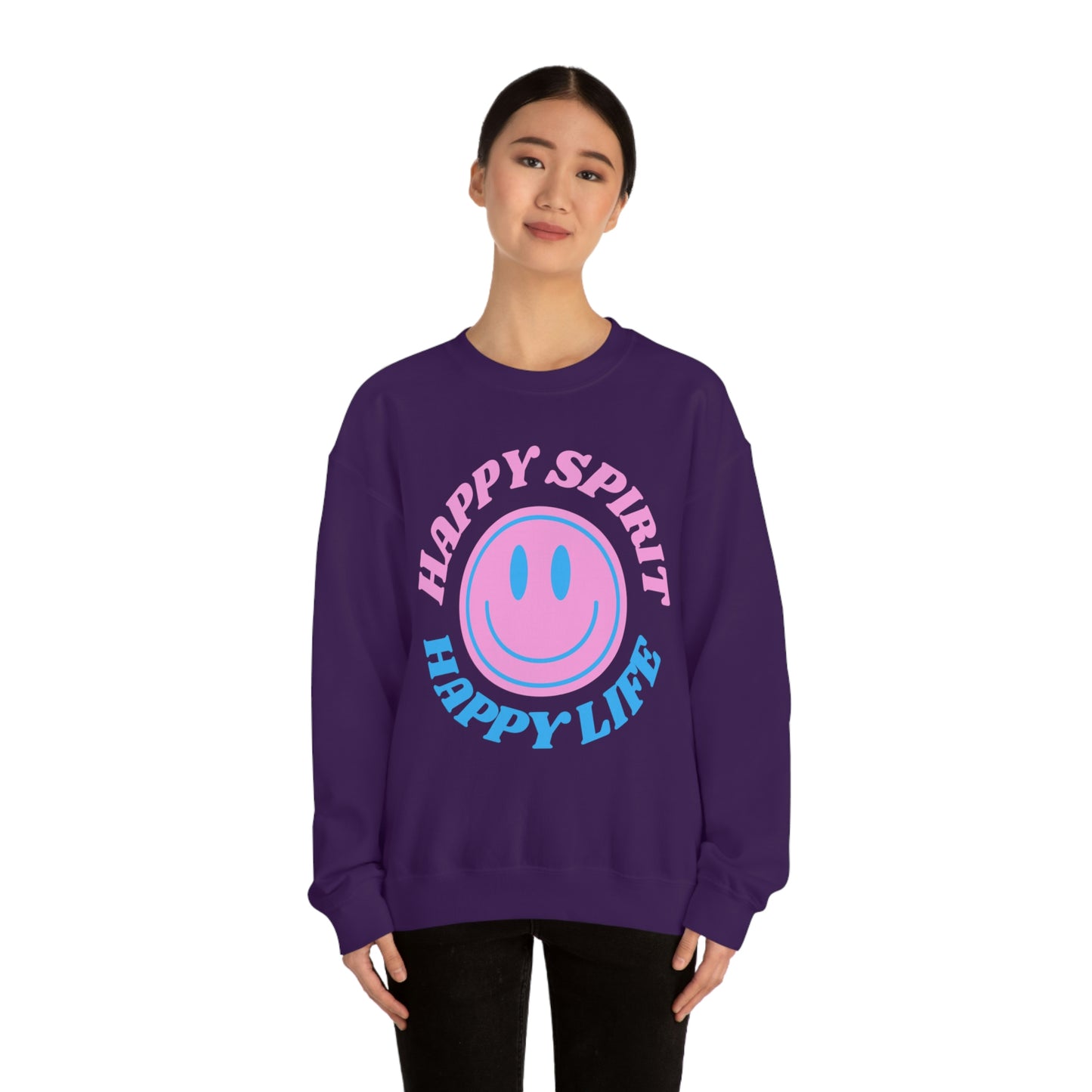 Happy Spirit Happy Life Sweatshirt, VSCO Girl Crewneck, Oversized Retro Font Graphic Tumblr, Front Print Smile Face Trendy Cover Up
