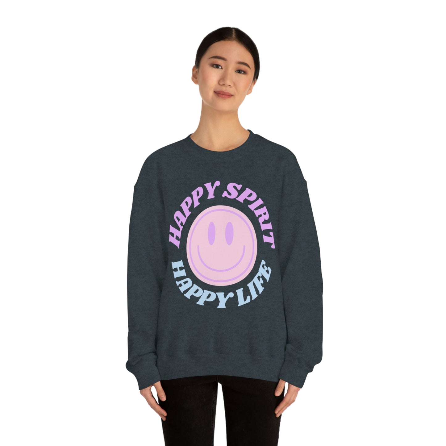 Happy Spirit Happy Life Sweatshirt, VSCO Girl Crewneck, Oversized Retro Font Graphic Tumblr, Front Print Smile Face Trendy Cover Up