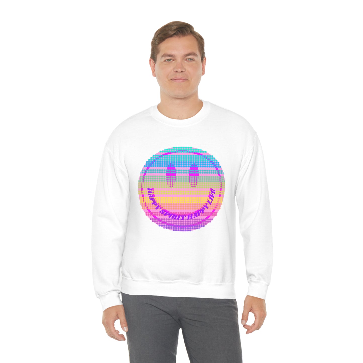 Happy Spirit Happy Life Sweatshirt, VSCO Girl Crewneck, Oversized Retro Font Graphic Tumblr, Front Print Smile Face Trendy Cover Up