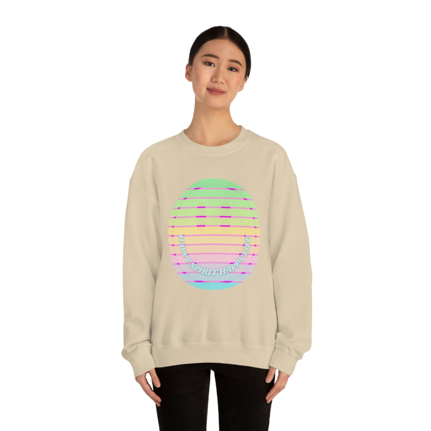 Happy Spirit Happy Life Sweatshirt, VSCO Girl Crewneck, Oversized Retro Font Graphic Tumblr, Front Print Smile Face Trendy Cover Up