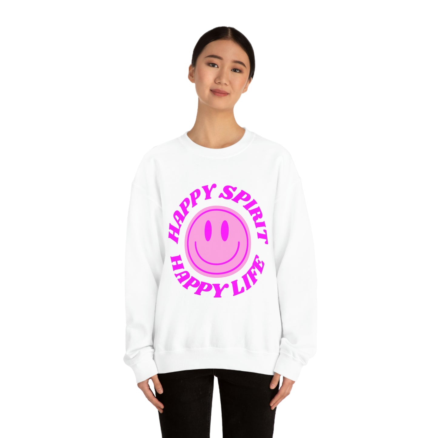 Happy Spirit Happy Life Sweatshirt, VSCO Girl Crewneck, Oversized Retro Font Graphic Tumblr, Front Print Smile Face Trendy Cover Up