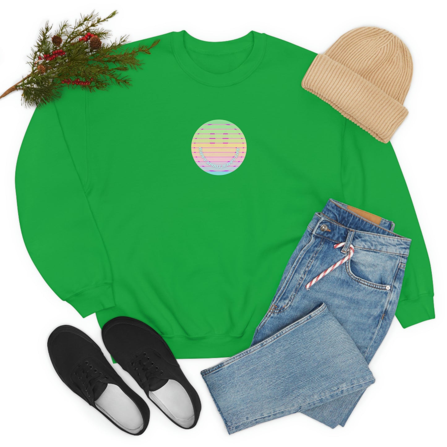 Happy Spirit Happy Life Sweatshirt, VSCO Girl Crewneck, Oversized Retro Font Graphic Tumblr, Front Print Smile Face Trendy Cover Up
