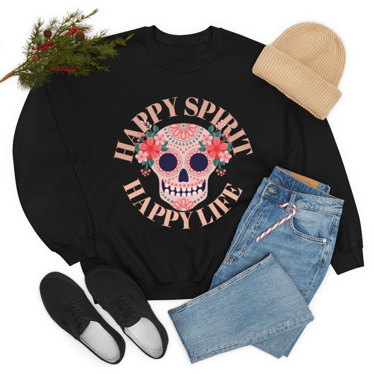 Dia De Los Muertos Crewneck Sweatshirt, Day of the Dead Gift, Happy Spirit Happy Life, Honoring the Dead Aesthetic Candy Skull, Sugar Skull