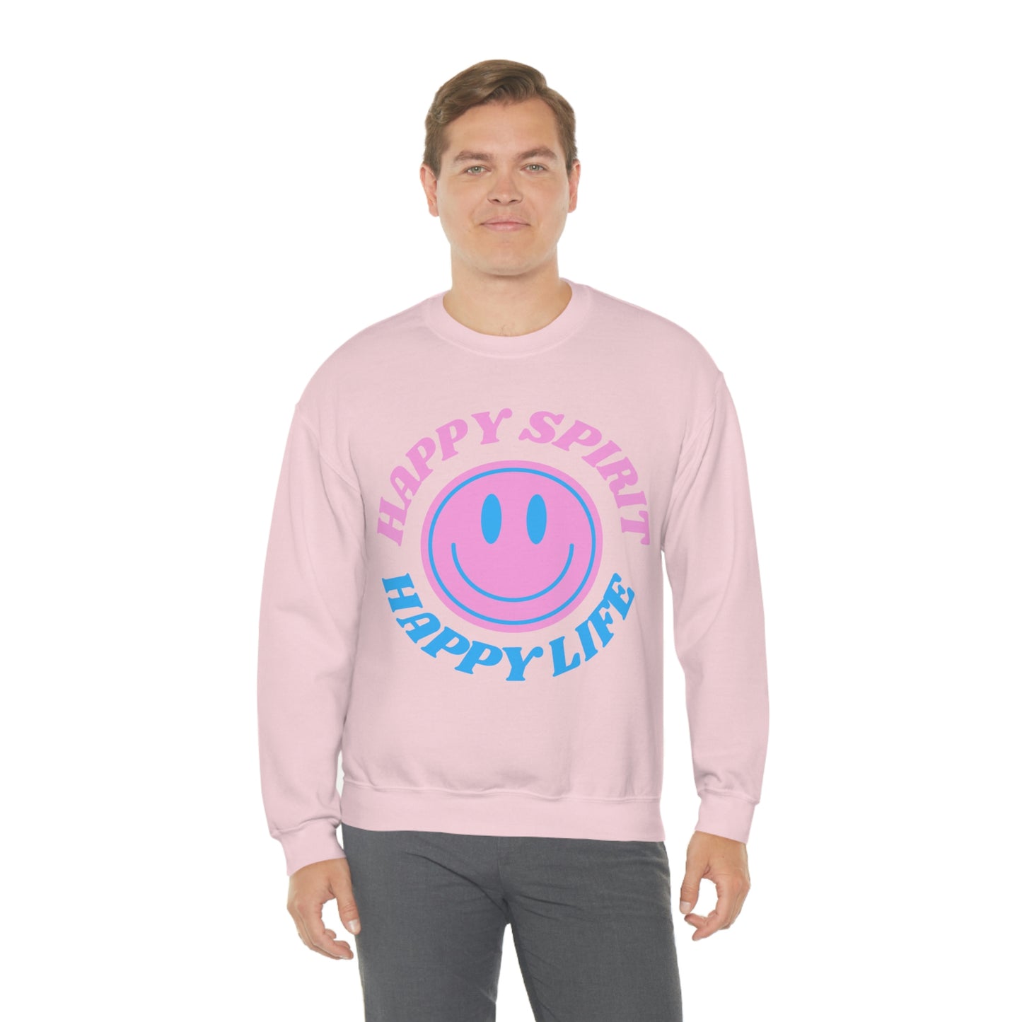 Happy Spirit Happy Life Sweatshirt, VSCO Girl Crewneck, Oversized Retro Font Graphic Tumblr, Front Print Smile Face Trendy Cover Up
