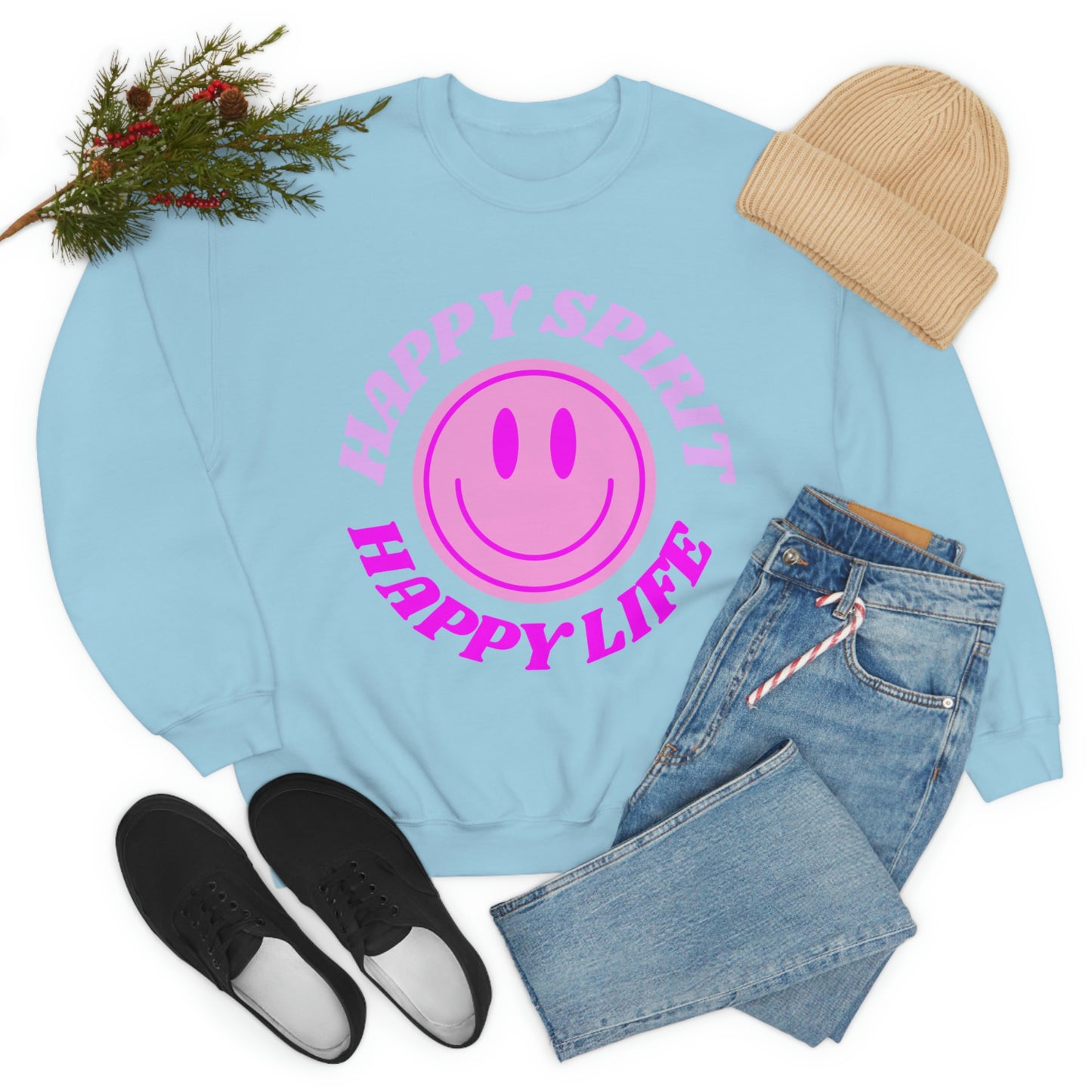 Happy Spirit Happy Life Sweatshirt, VSCO Girl Crewneck, Oversized Retro Font Graphic Tumblr, Front Print Smile Face Trendy Cover Up