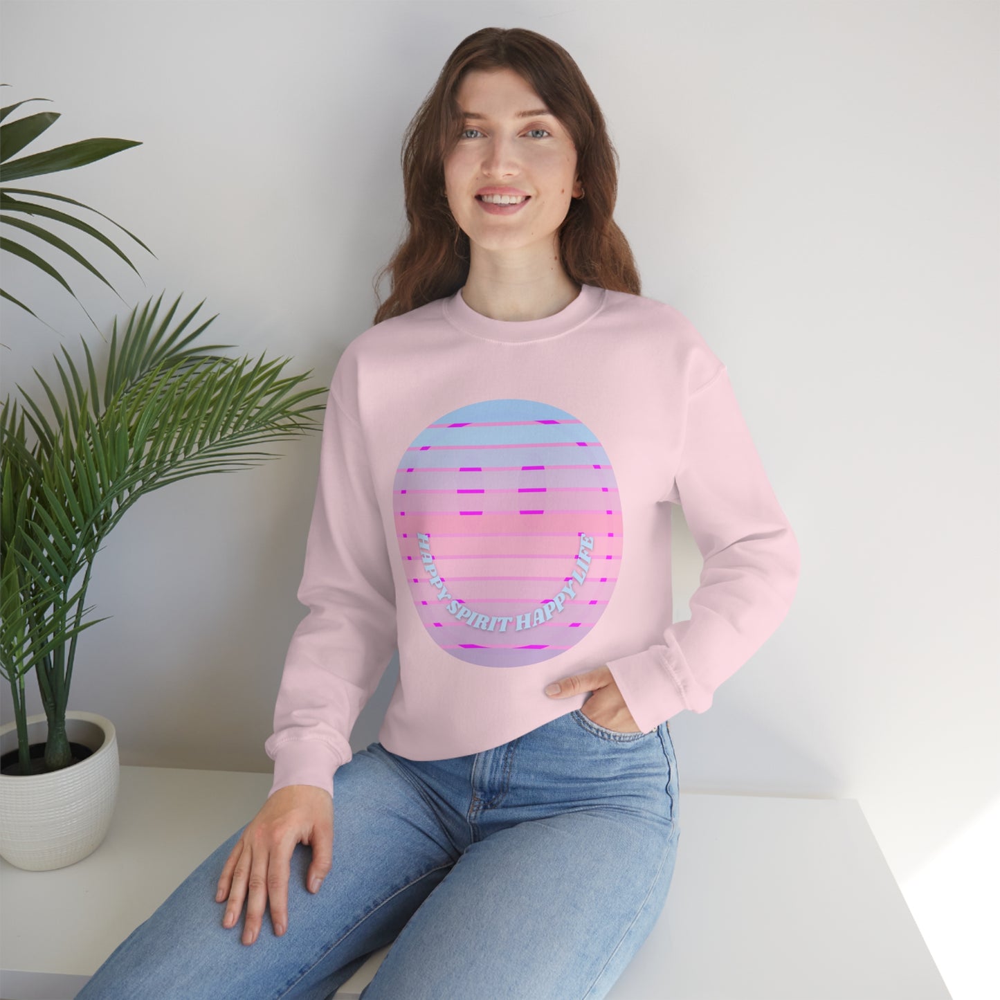 Happy Spirit Happy Life Sweatshirt, VSCO Girl Crewneck, Oversized Retro Font Graphic Tumblr, Front Print Smile Face Trendy Cover Up