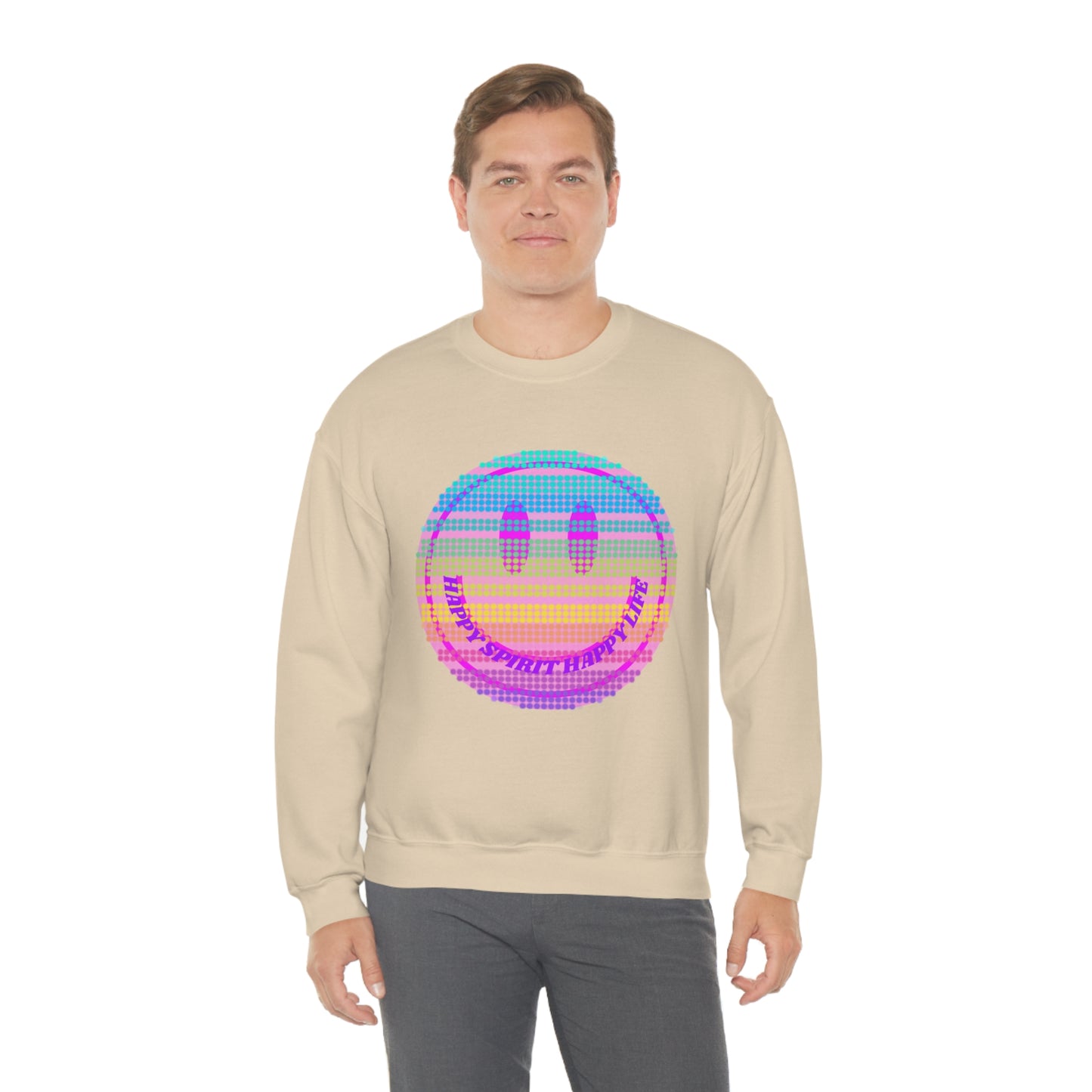 Happy Spirit Happy Life Sweatshirt, VSCO Girl Crewneck, Oversized Retro Font Graphic Tumblr, Front Print Smile Face Trendy Cover Up