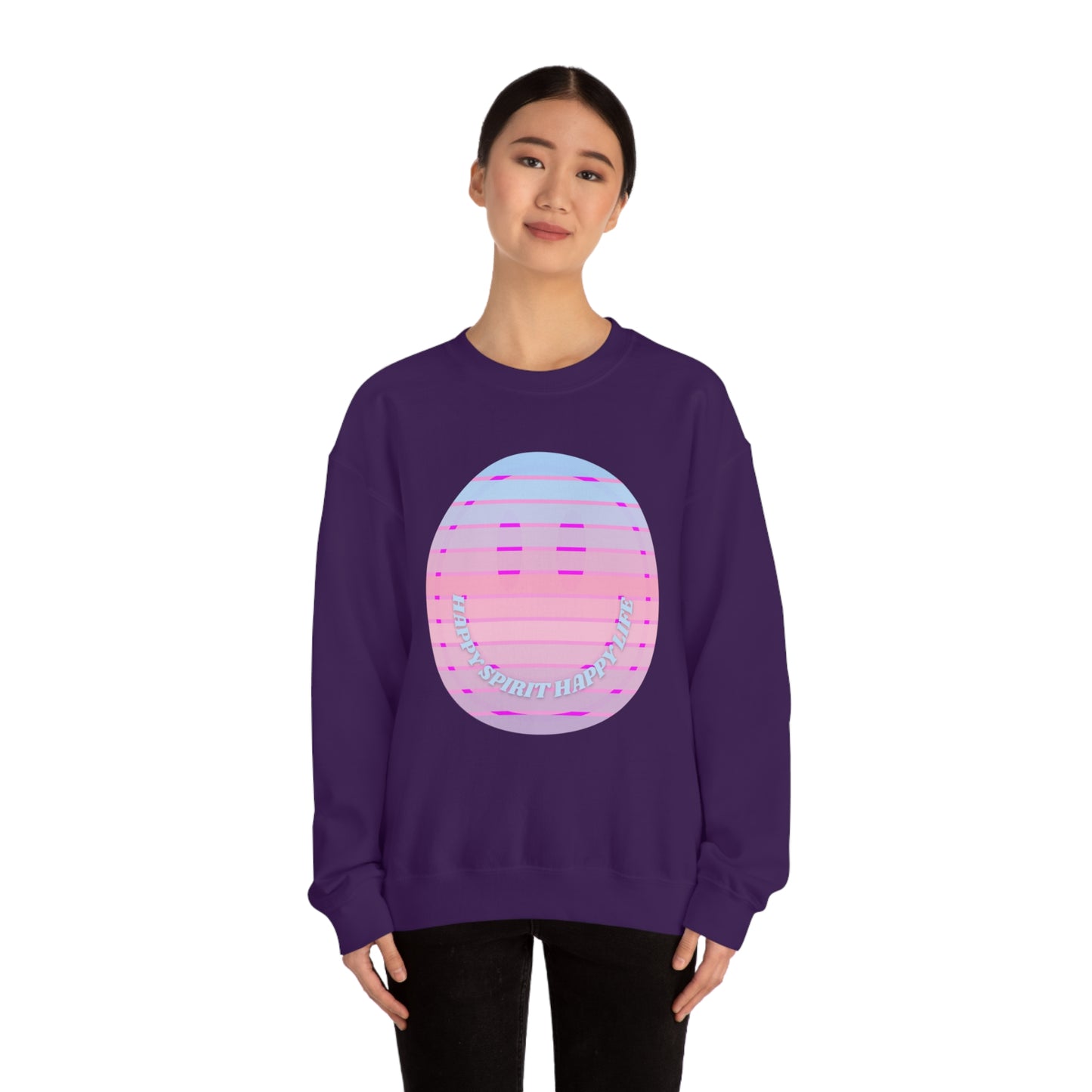 Happy Spirit Happy Life Sweatshirt, VSCO Girl Crewneck, Oversized Retro Font Graphic Tumblr, Front Print Smile Face Trendy Cover Up