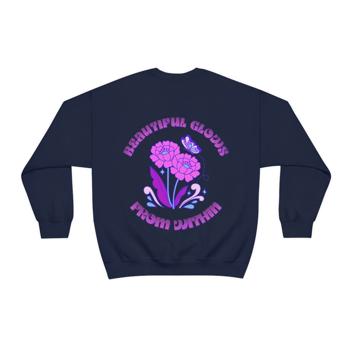 Beautiful Glows from Within Purple Flower Sweatshirt, Oversized Crewneck, Front Back Print Trendy Sweatshirt, Beach Cover Up, Lake Cover Up