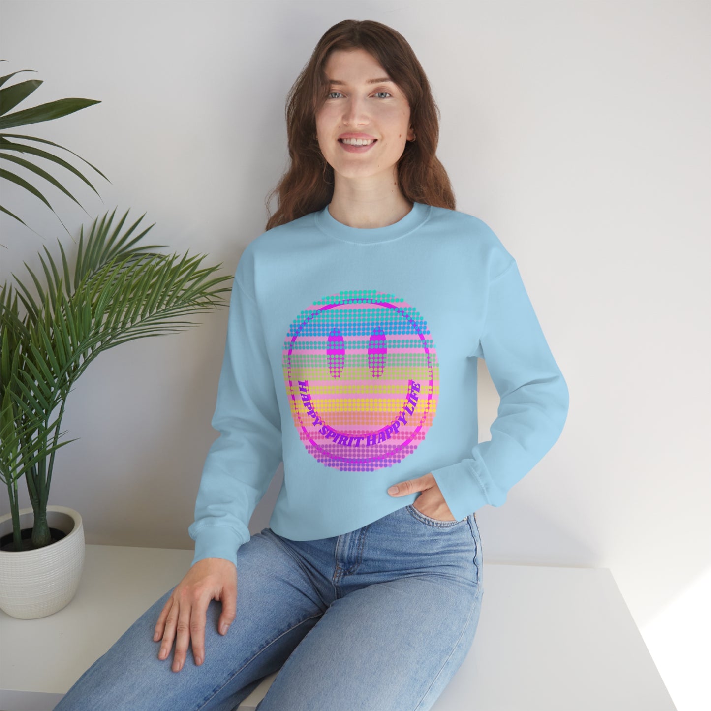 Happy Spirit Happy Life Sweatshirt, VSCO Girl Crewneck, Oversized Retro Font Graphic Tumblr, Front Print Smile Face Trendy Cover Up