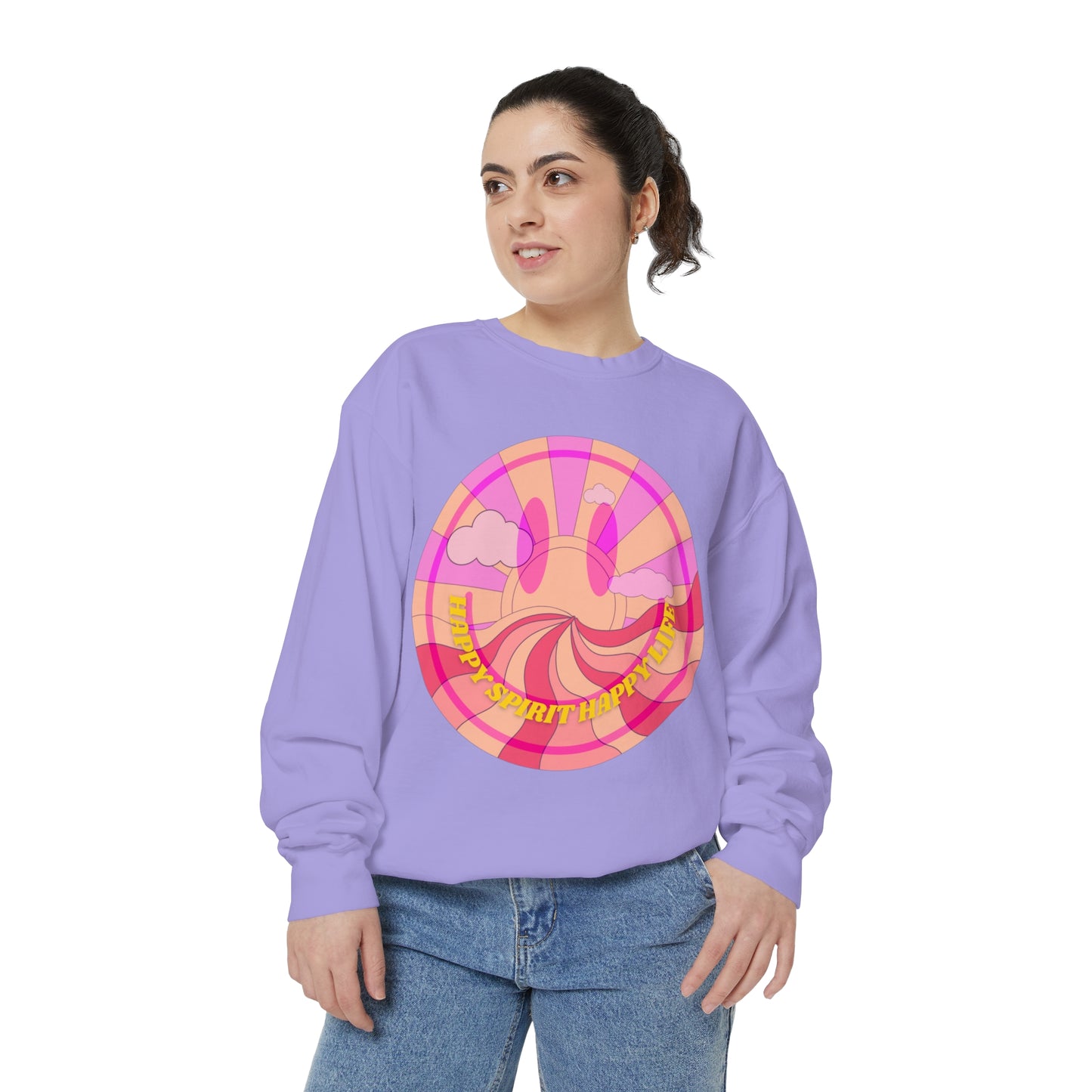 Aesthetic Smile Hoodie, Smile Face Comfort Colors Crewneck, Happy Spirit Happy Life Sunset Smile Sweatshirt, Unisex Garment-Dyed Sweatshirt