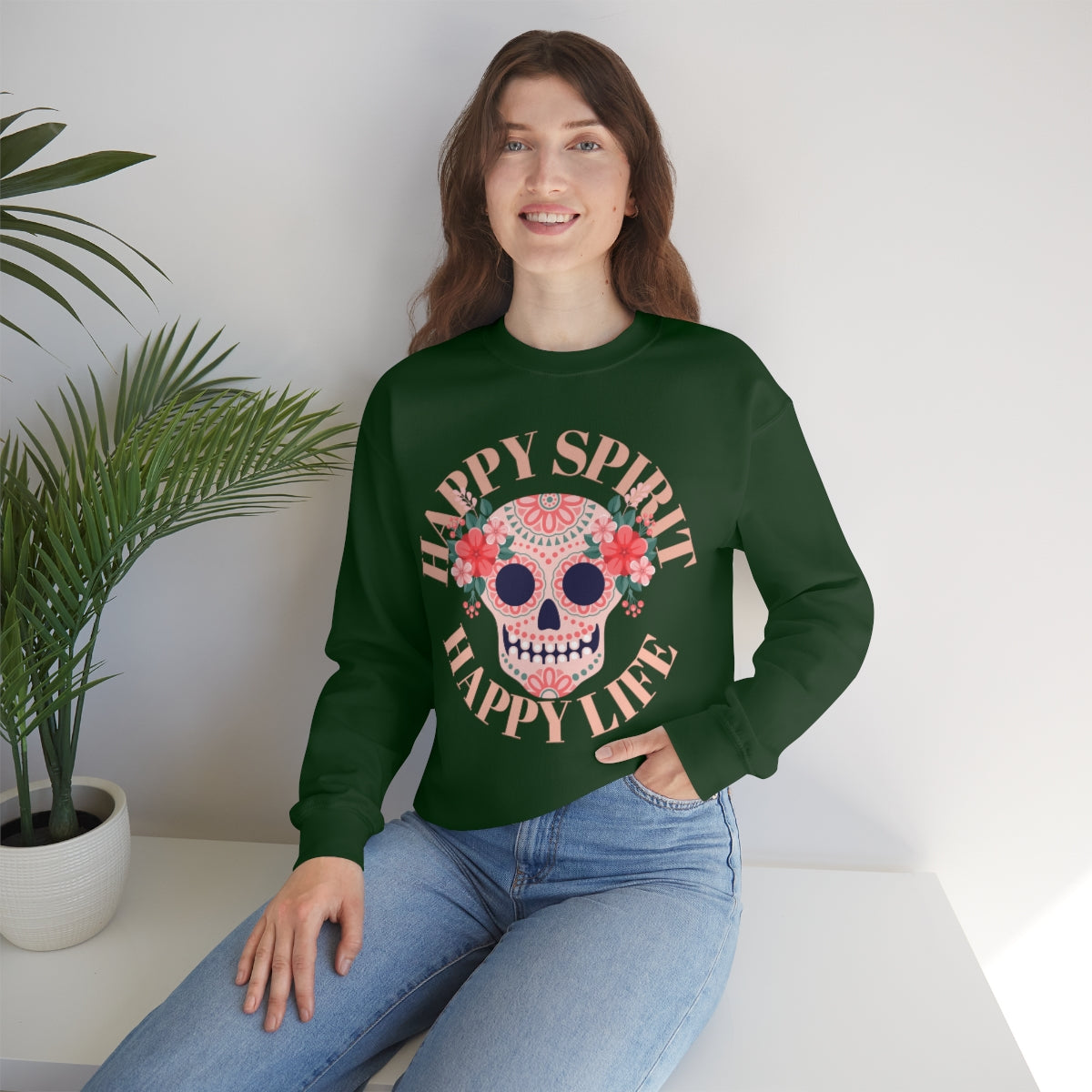 Dia De Los Muertos Crewneck Sweatshirt, Day of the Dead Gift, Happy Spirit Happy Life, Honoring the Dead Aesthetic Candy Skull, Sugar Skull