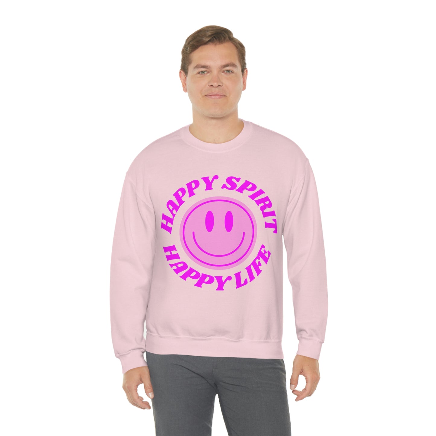 Happy Spirit Happy Life Sweatshirt, VSCO Girl Crewneck, Oversized Retro Font Graphic Tumblr, Front Print Smile Face Trendy Cover Up