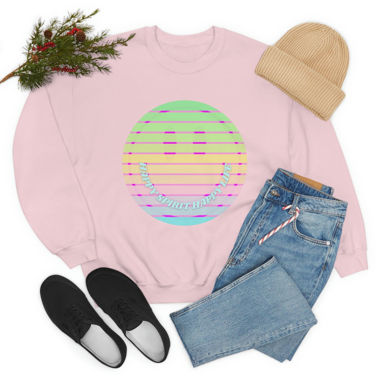 Happy Spirit Happy Life Sweatshirt, VSCO Girl Crewneck, Oversized Retro Font Graphic Tumblr, Front Print Smile Face Trendy Cover Up