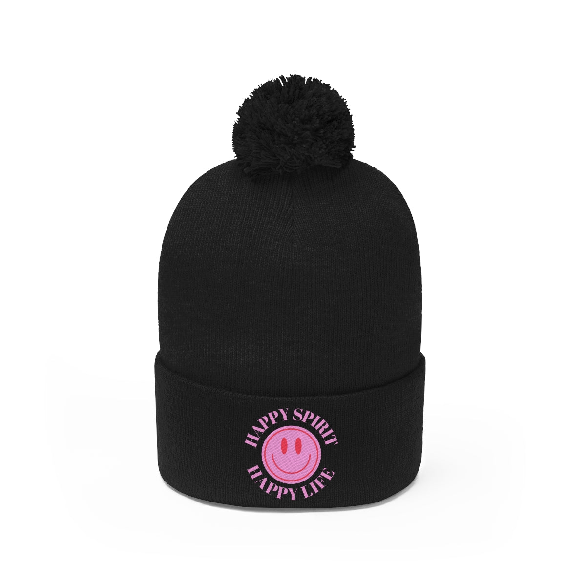 Happy Spirit Happy Life Pom Pom Beanie, Pink Smile Face Skull Cap, Aesthetic Pink Smile Winter Wool Hat