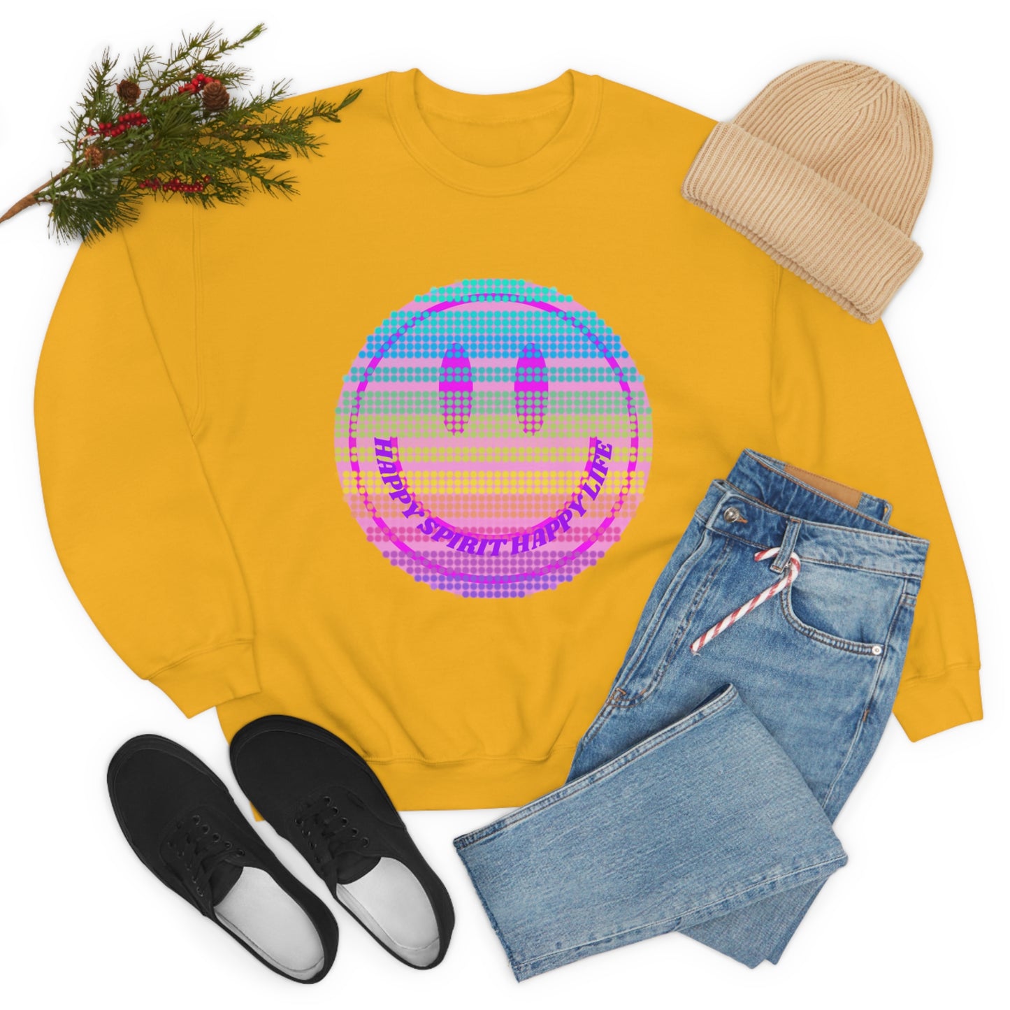 Happy Spirit Happy Life Sweatshirt, VSCO Girl Crewneck, Oversized Retro Font Graphic Tumblr, Front Print Smile Face Trendy Cover Up