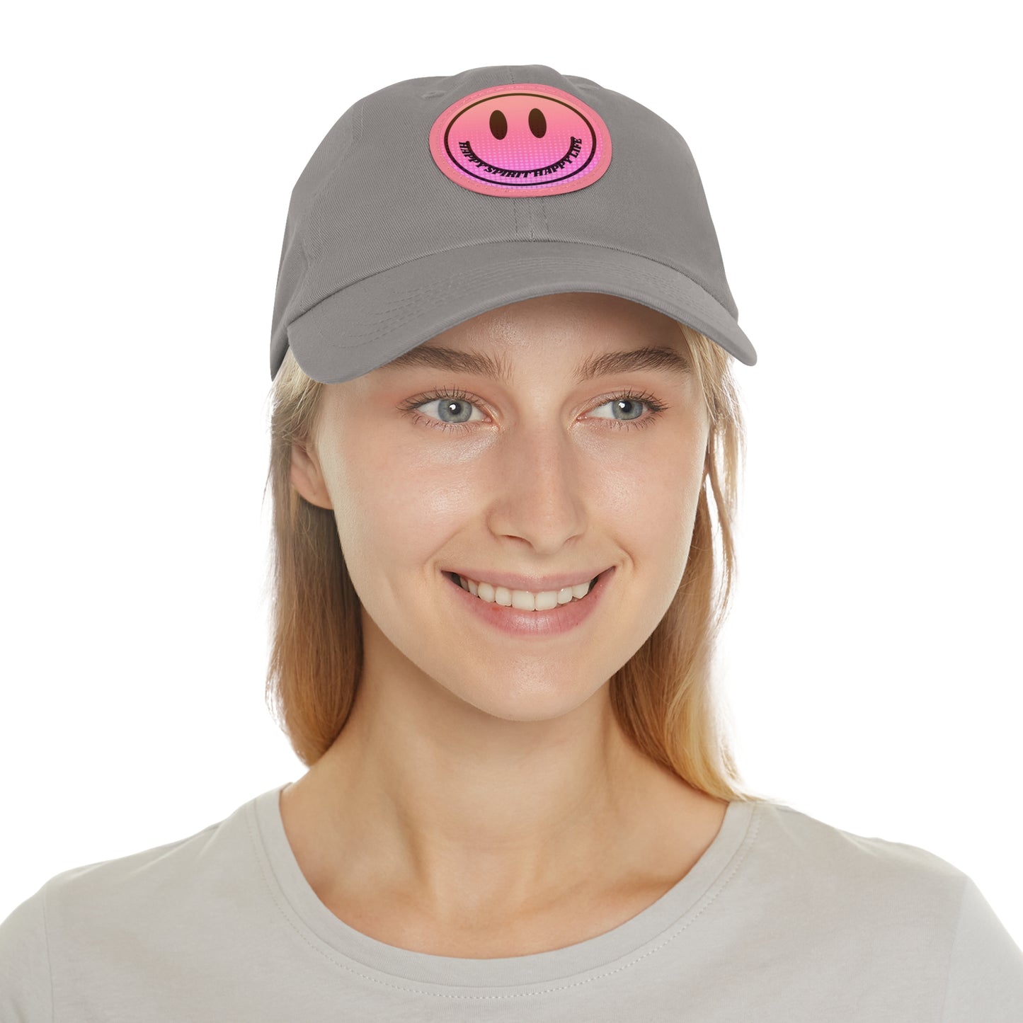 Aesthetic Pink Smile Hat, Pink Twill Dad Hat with Leather Patch (Round), Pink Golf Hat, Pink Twill Cap, Pink Cotton Hat, Pink Baseball Hat