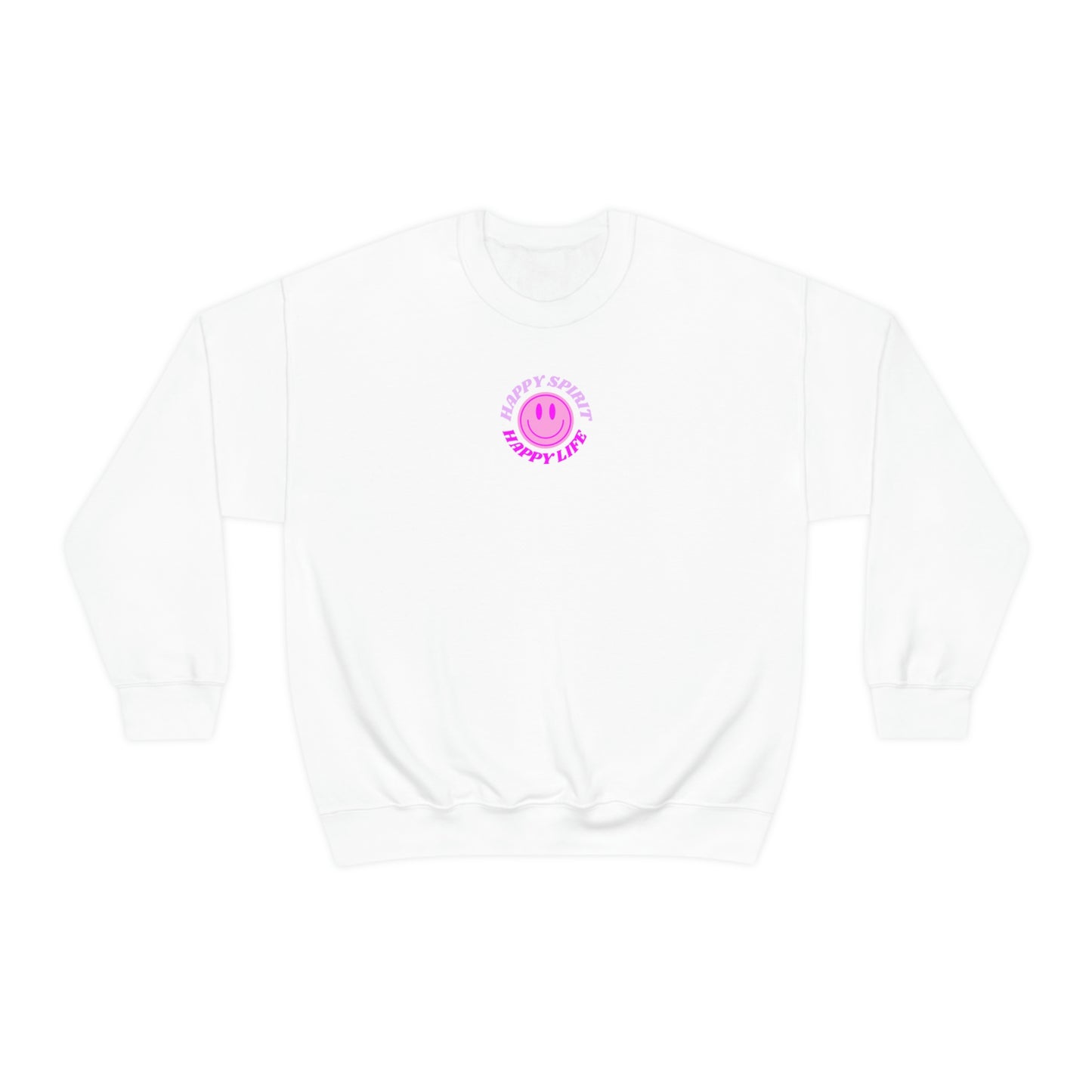 Happy Spirit Happy Life Sweatshirt, Gildan VSCO Girl Crewneck, Oversized Tumblr Front Back Print Smile Happy Mind Trendy Retro Surf Font