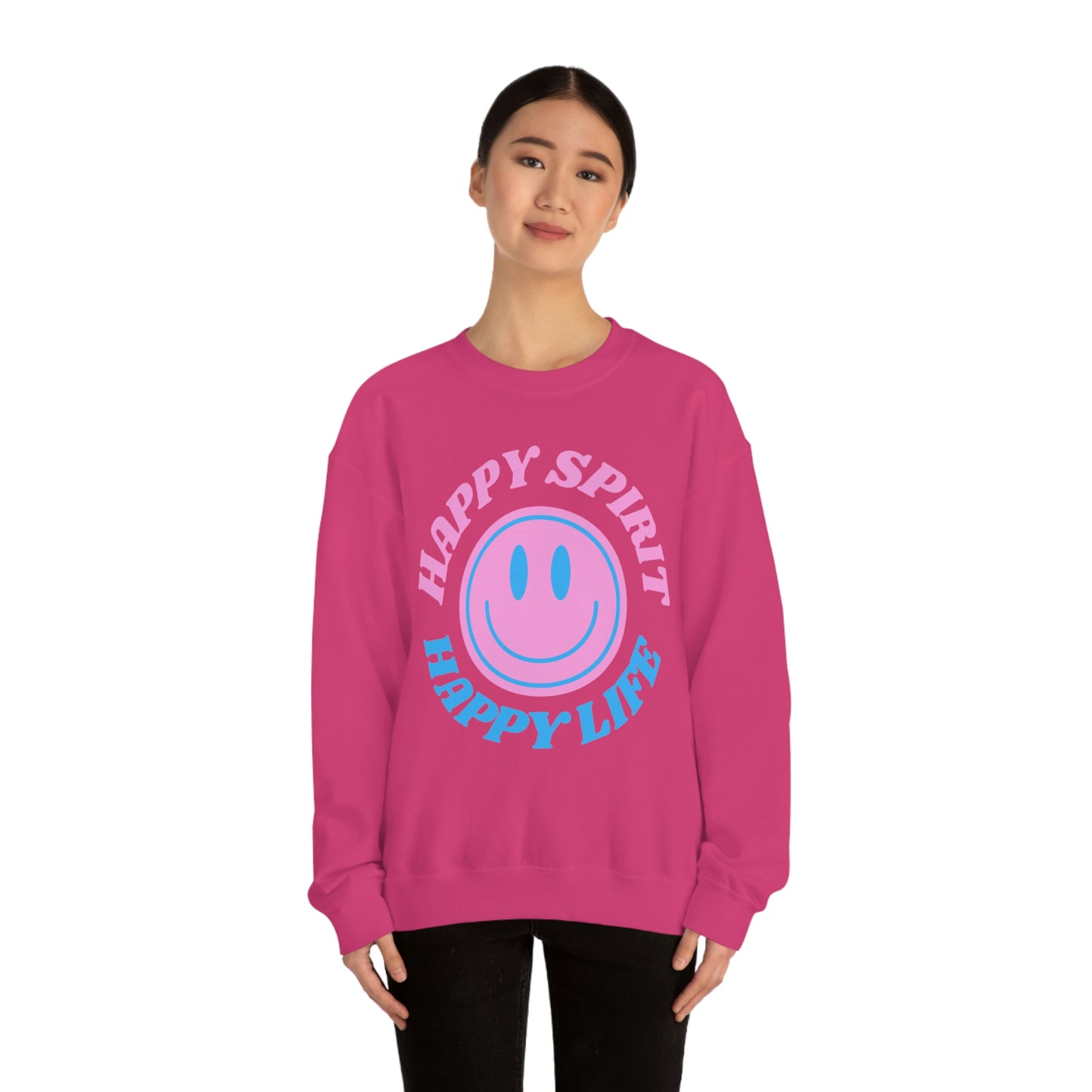 Happy Spirit Happy Life Sweatshirt, VSCO Girl Crewneck, Oversized Retro Font Graphic Tumblr, Front Print Smile Face Trendy Cover Up