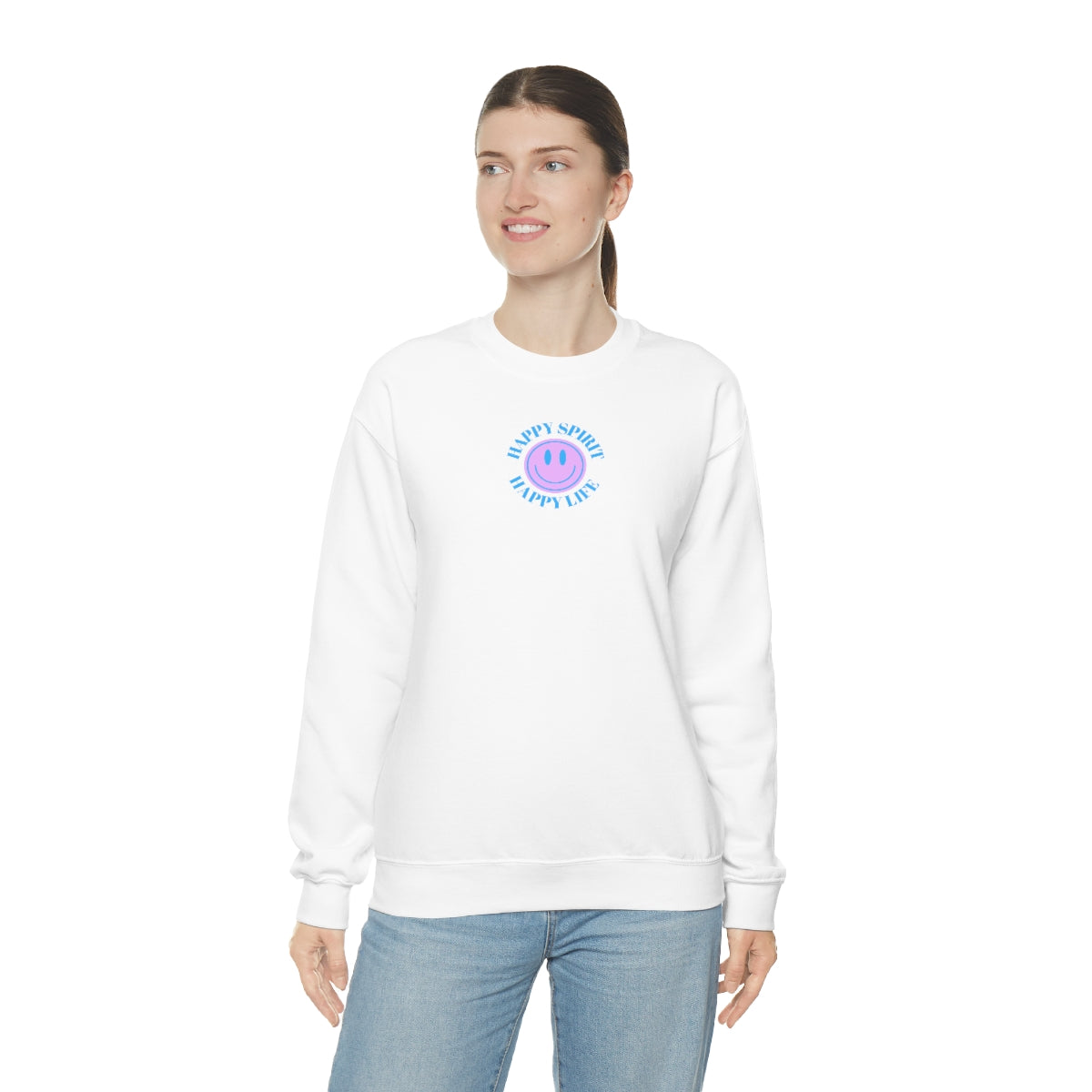 Happy Spirit Happy Life Sweatshirt, Gildan VSCO Girl Crewneck, Oversized Tumblr Front Back Print Smile Happy Mind Trendy Beach Lake Cover Up