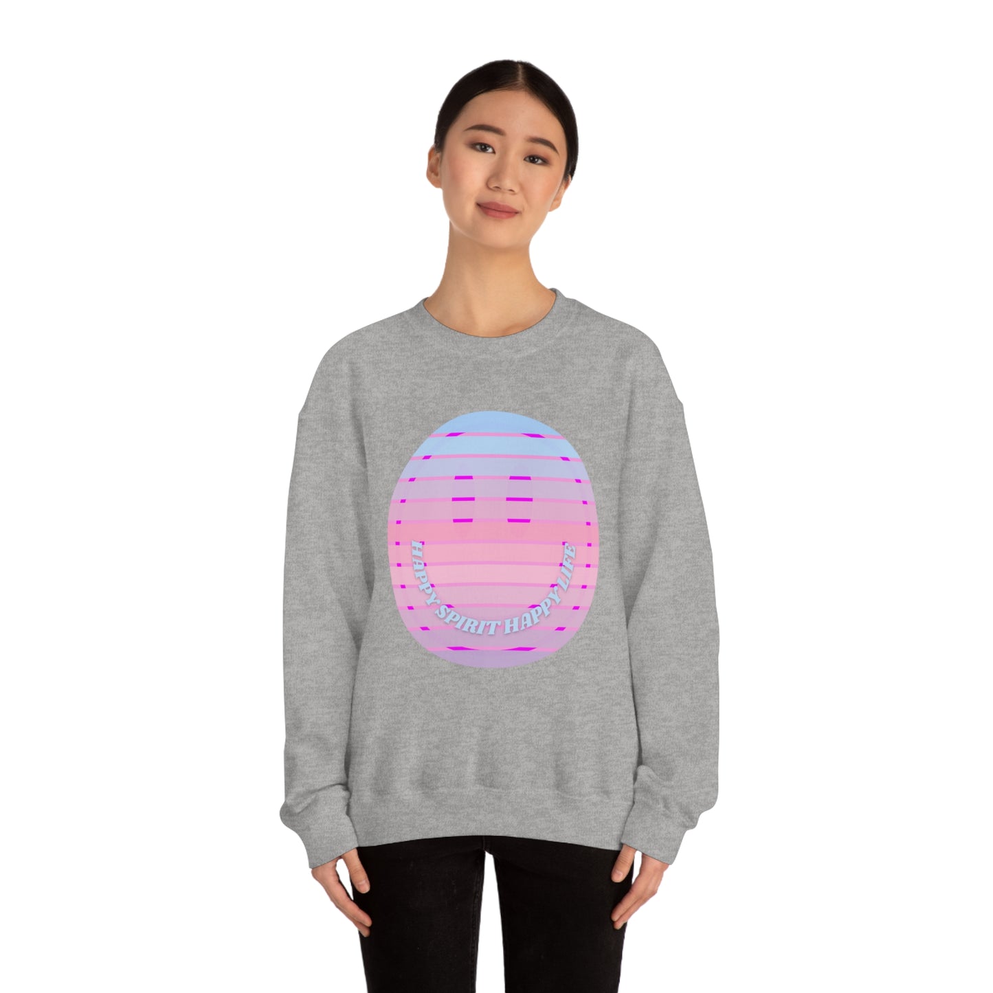 Happy Spirit Happy Life Sweatshirt, VSCO Girl Crewneck, Oversized Retro Font Graphic Tumblr, Front Print Smile Face Trendy Cover Up