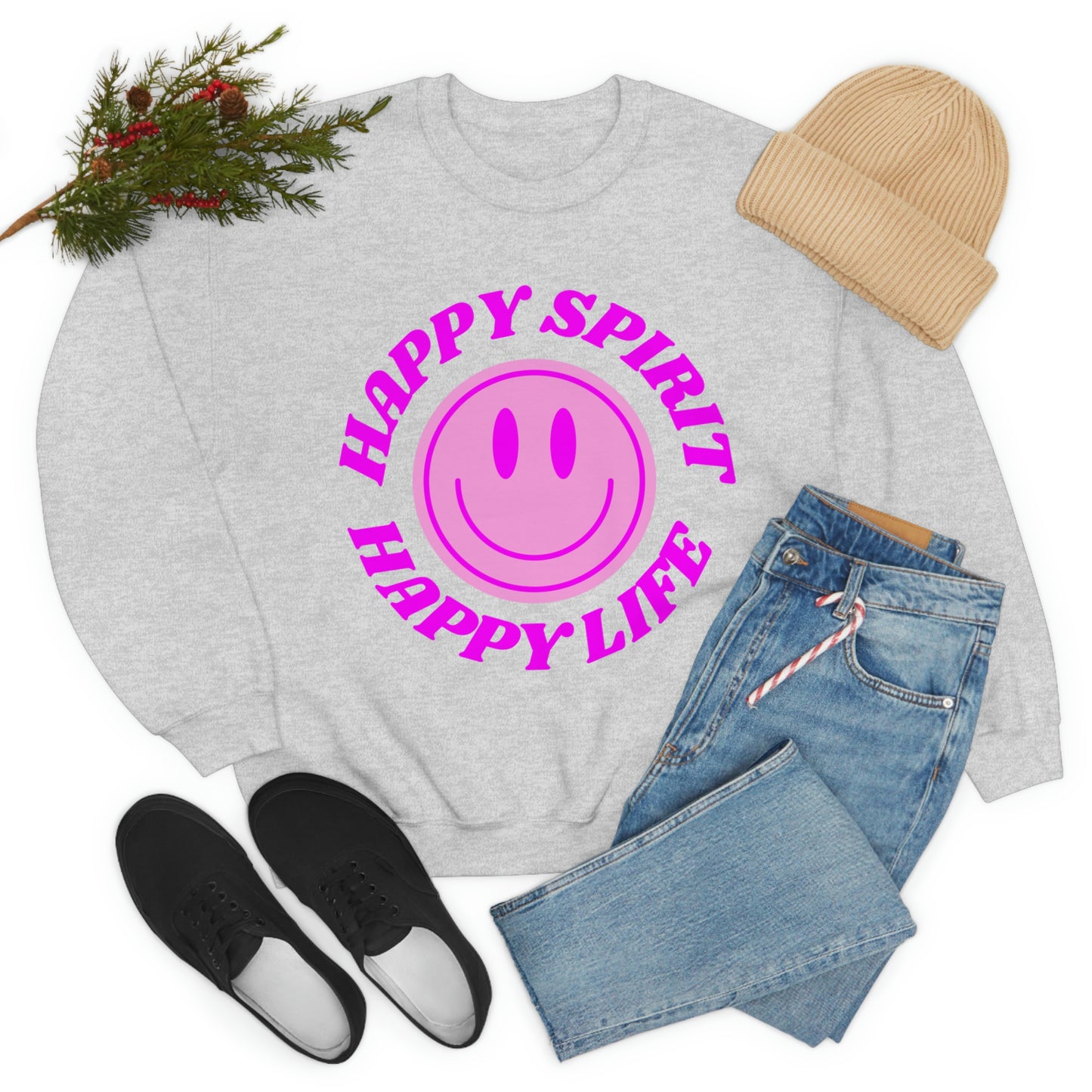 Happy Spirit Happy Life Sweatshirt, VSCO Girl Crewneck, Oversized Retro Font Graphic Tumblr, Front Print Smile Face Trendy Cover Up
