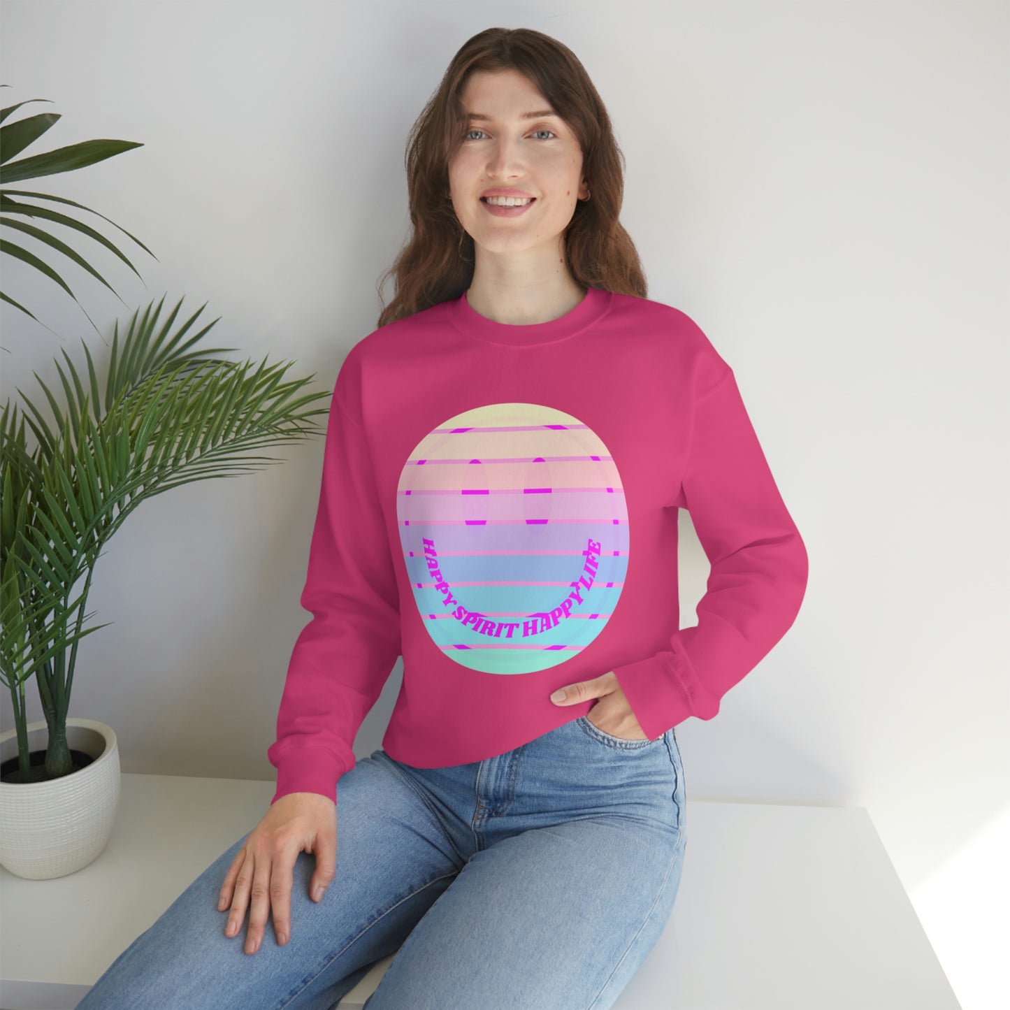 Happy Spirit Happy Life Sweatshirt, VSCO Girl Crewneck, Oversized Retro Font Graphic Tumblr, Front Print Smile Face Trendy Cover Up