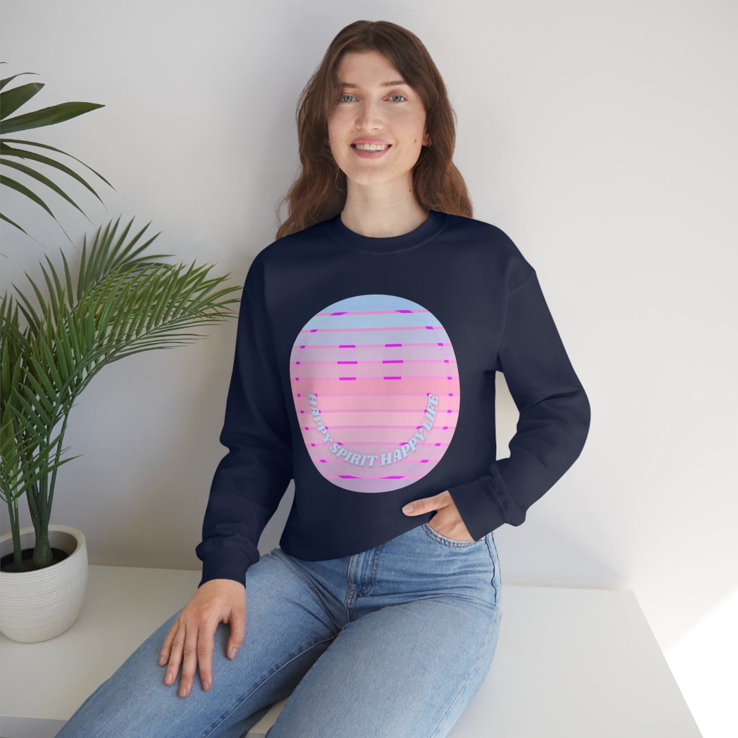 Happy Spirit Happy Life Sweatshirt, VSCO Girl Crewneck, Oversized Retro Font Graphic Tumblr, Front Print Smile Face Trendy Cover Up