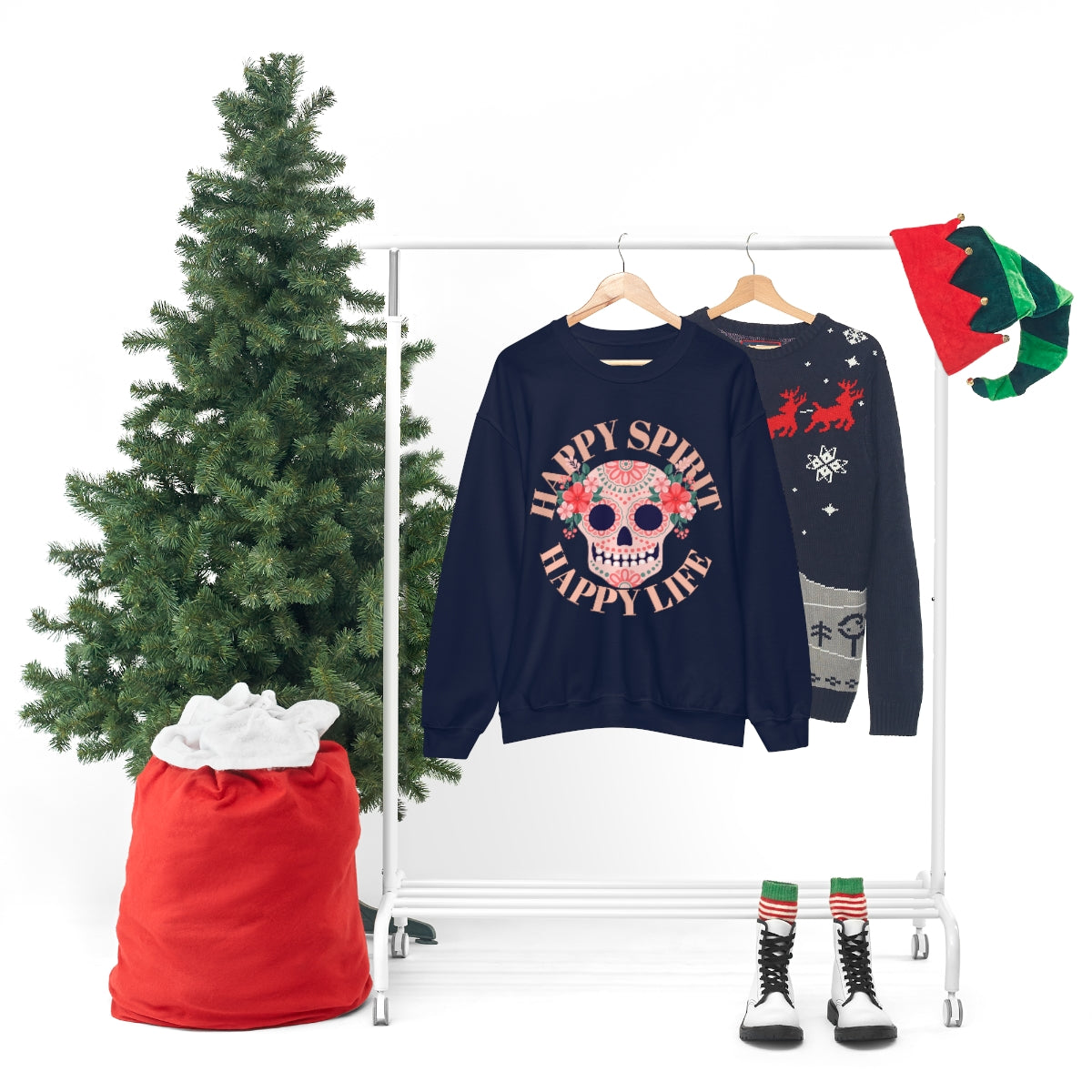 Dia De Los Muertos Crewneck Sweatshirt, Day of the Dead Gift, Happy Spirit Happy Life, Honoring the Dead Aesthetic Candy Skull, Sugar Skull