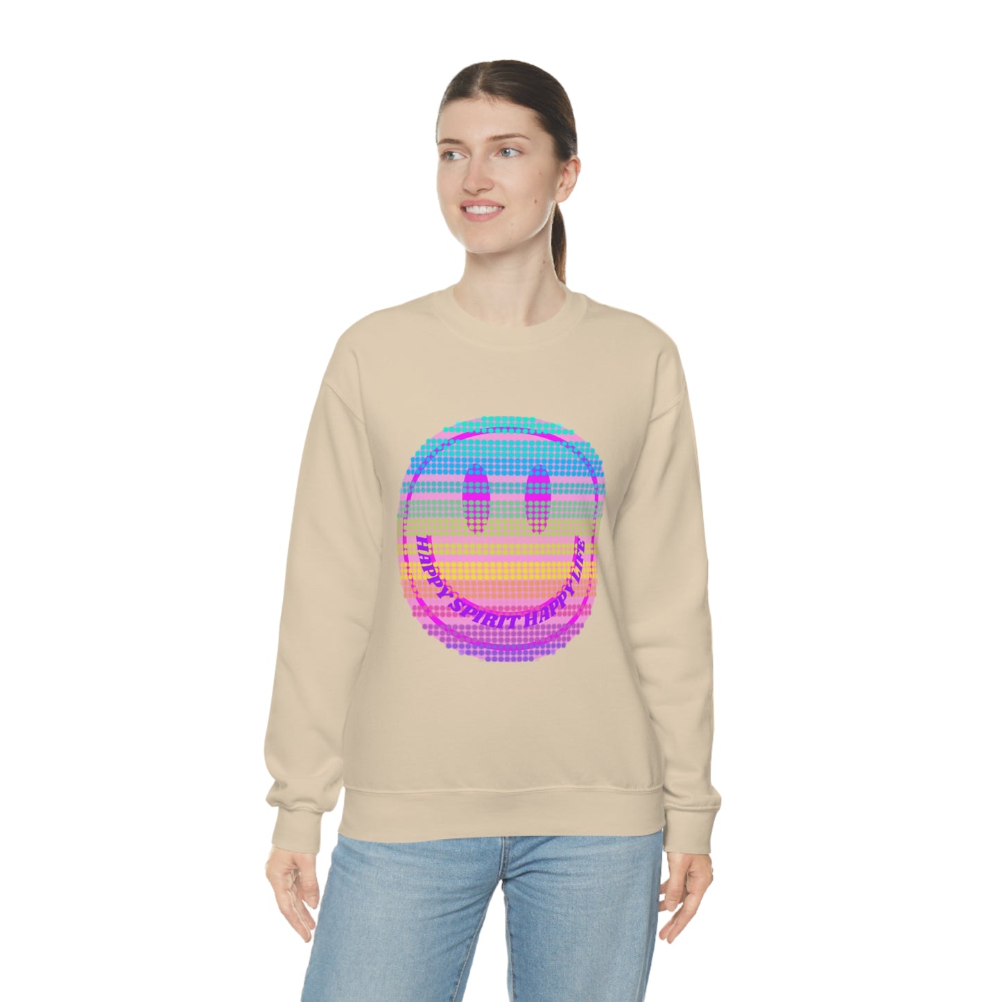 Happy Spirit Happy Life Sweatshirt, VSCO Girl Crewneck, Oversized Retro Font Graphic Tumblr, Front Print Smile Face Trendy Cover Up