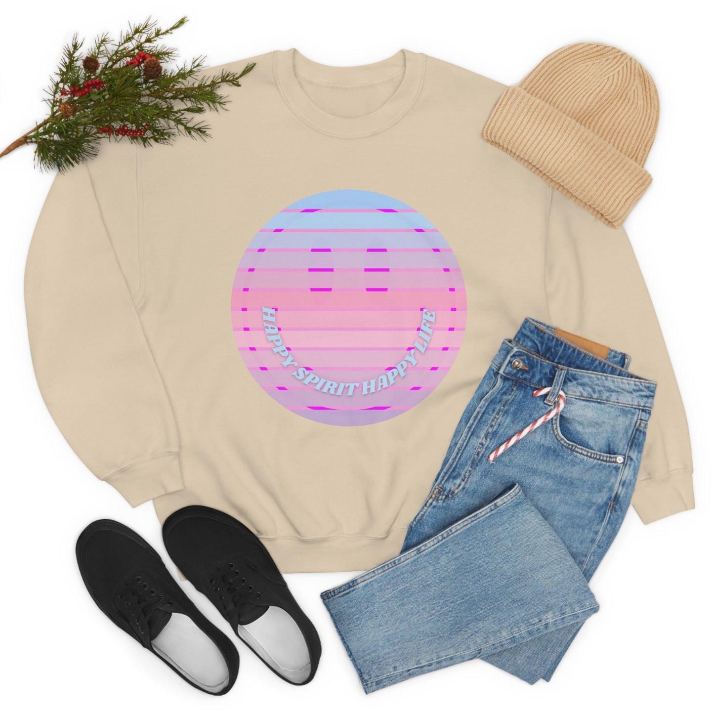 Happy Spirit Happy Life Sweatshirt, VSCO Girl Crewneck, Oversized Retro Font Graphic Tumblr, Front Print Smile Face Trendy Cover Up