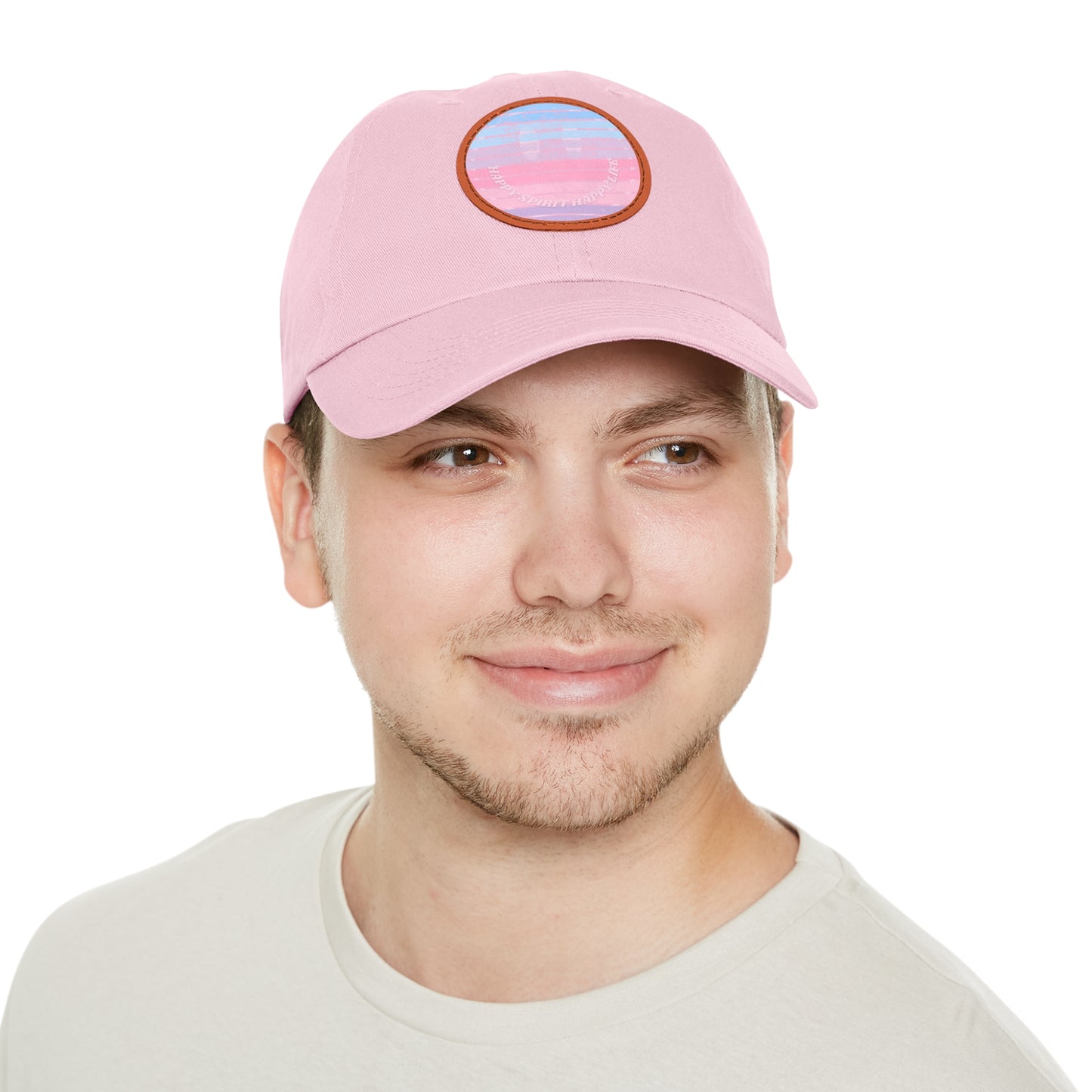 Aesthetic Pink Smile Hat, Pink Twill Dad Hat with Leather Patch (Round), Pink Golf Hat, Pink Twill Cap, Pink Cotton Hat, Pink Baseball Hat