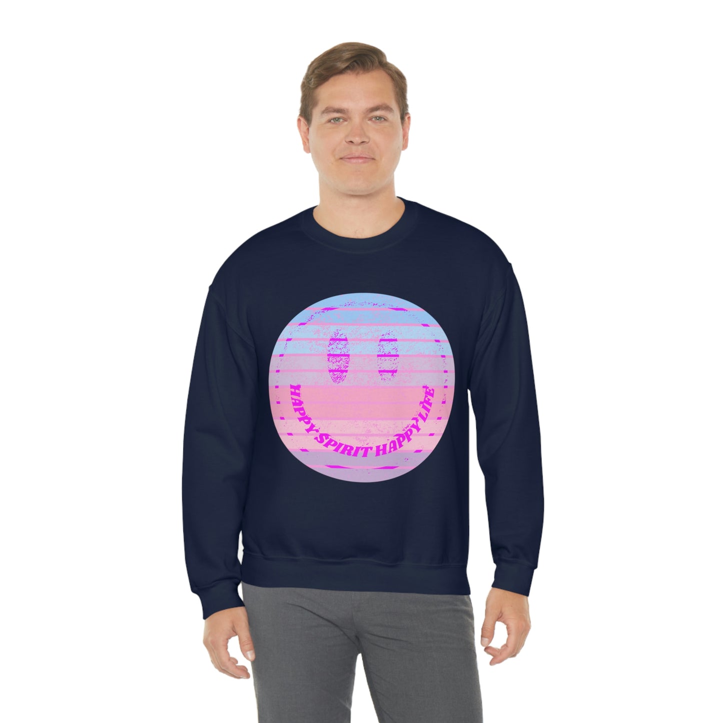 Happy Spirit Happy Life Sweatshirt, VSCO Girl Crewneck, Oversized Retro Font Graphic Tumblr, Front Print Smile Face Trendy Cover Up