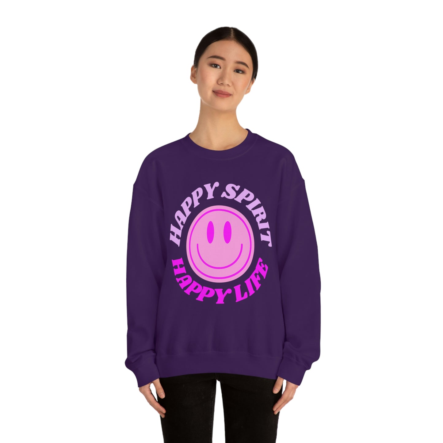 Happy Spirit Happy Life Sweatshirt, VSCO Girl Crewneck, Oversized Retro Font Graphic Tumblr, Front Print Smile Face Trendy Cover Up